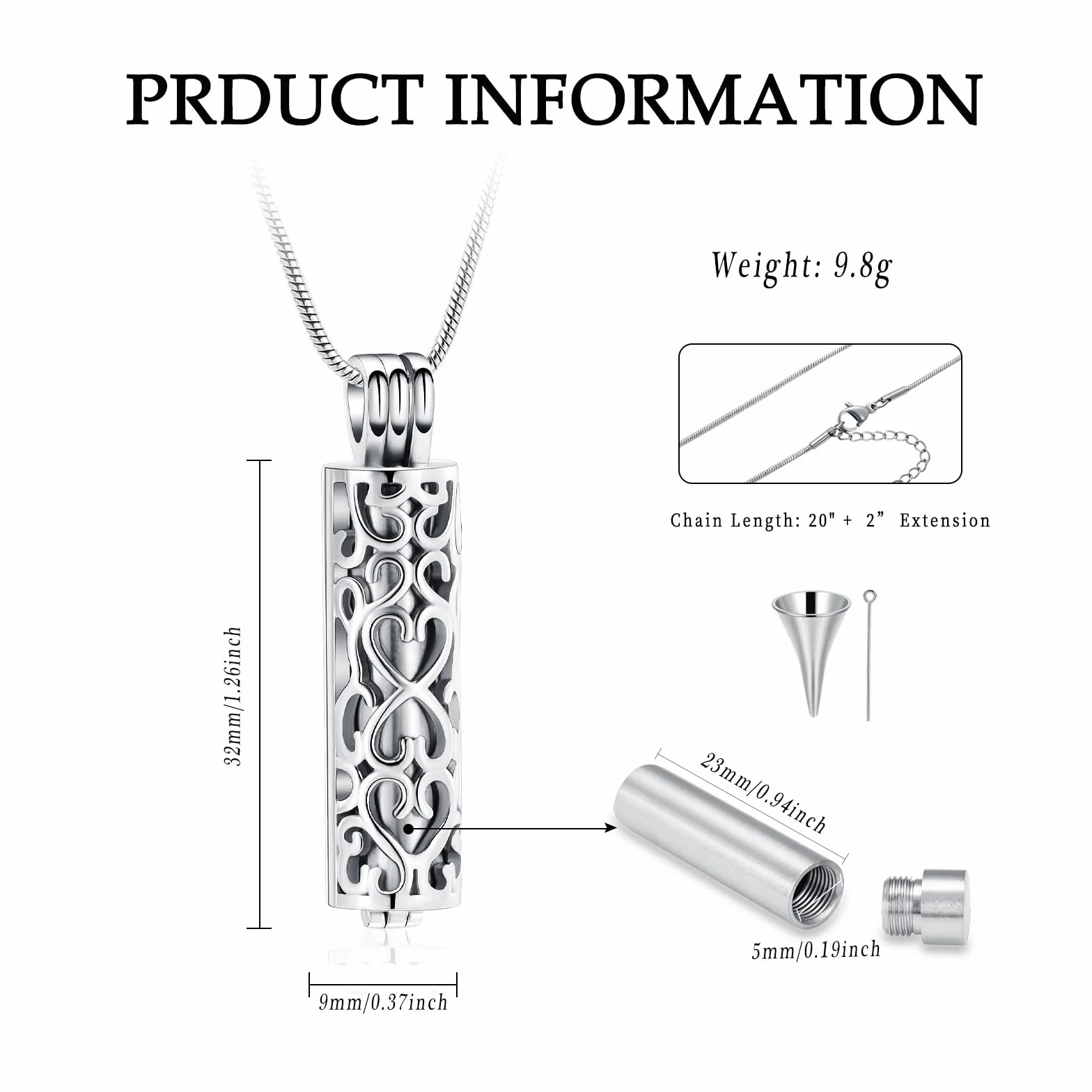 Naszyjnik z urną z drążonym cylindrem na prochy dla kobiet mężczyzn biżuteria kremacyjna pamiątka pamiątka ludzkie zwierzę domowe prochy wisiorek (srebrny)
