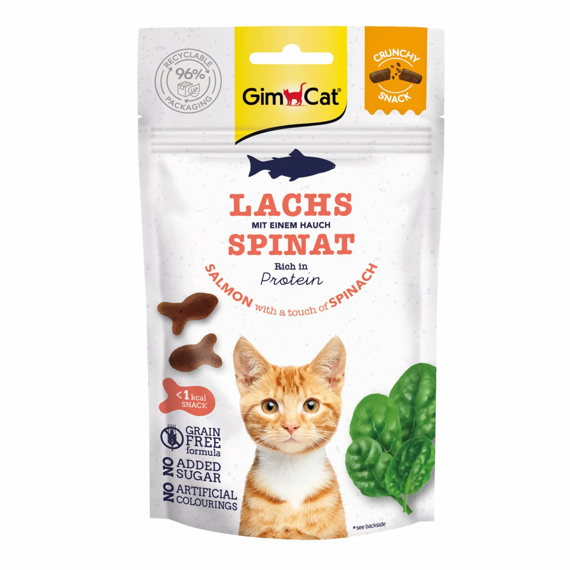 GimCat Crunchy Snacks łosoś i szpinak – chrupiące i bogate w białko przysmaki dla kotów – 1 worek (1 x 50 g)
