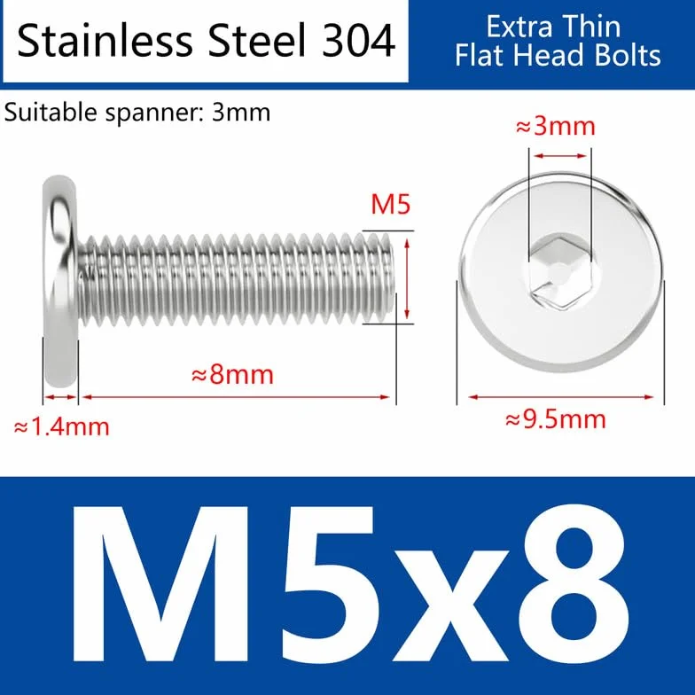 M5 x 8mm 50 Pcs Sześciokąt wewnętrzny Ekstra cienki Śruby z łbem płaskim Stal nierdzewna 304 Niski profil Komputer Śruby maszynowe