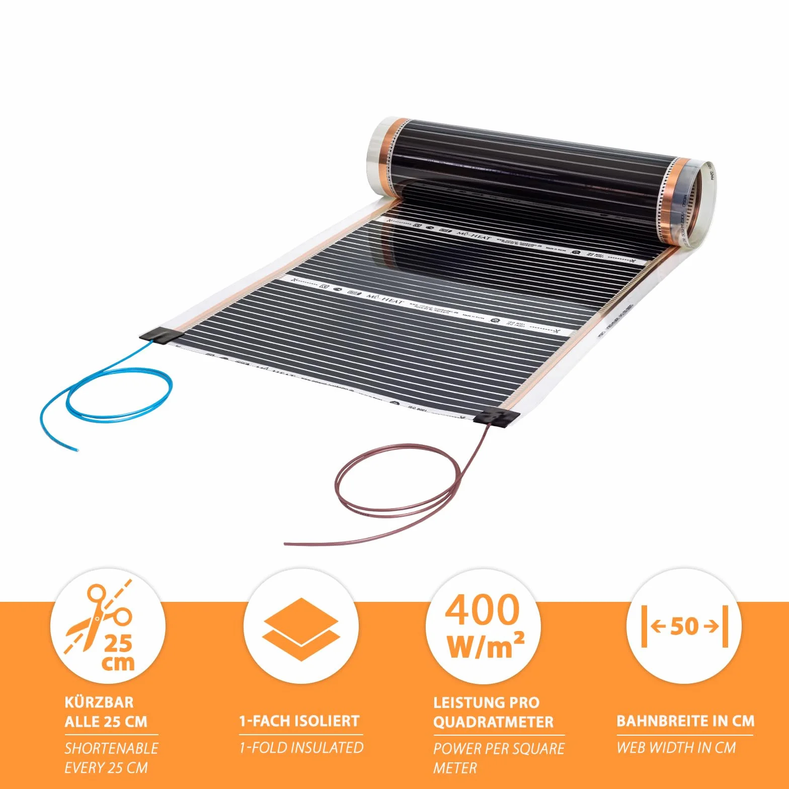 1,0m Wysokowydajna Folia Grzejna Węglowa Na Podczerwień 230V 50cm szerokości 400W/m² - Do Temperowania Powierzchni, Budowy Prototypów, Form Tłoczniczych, Budownictwa Maszyn