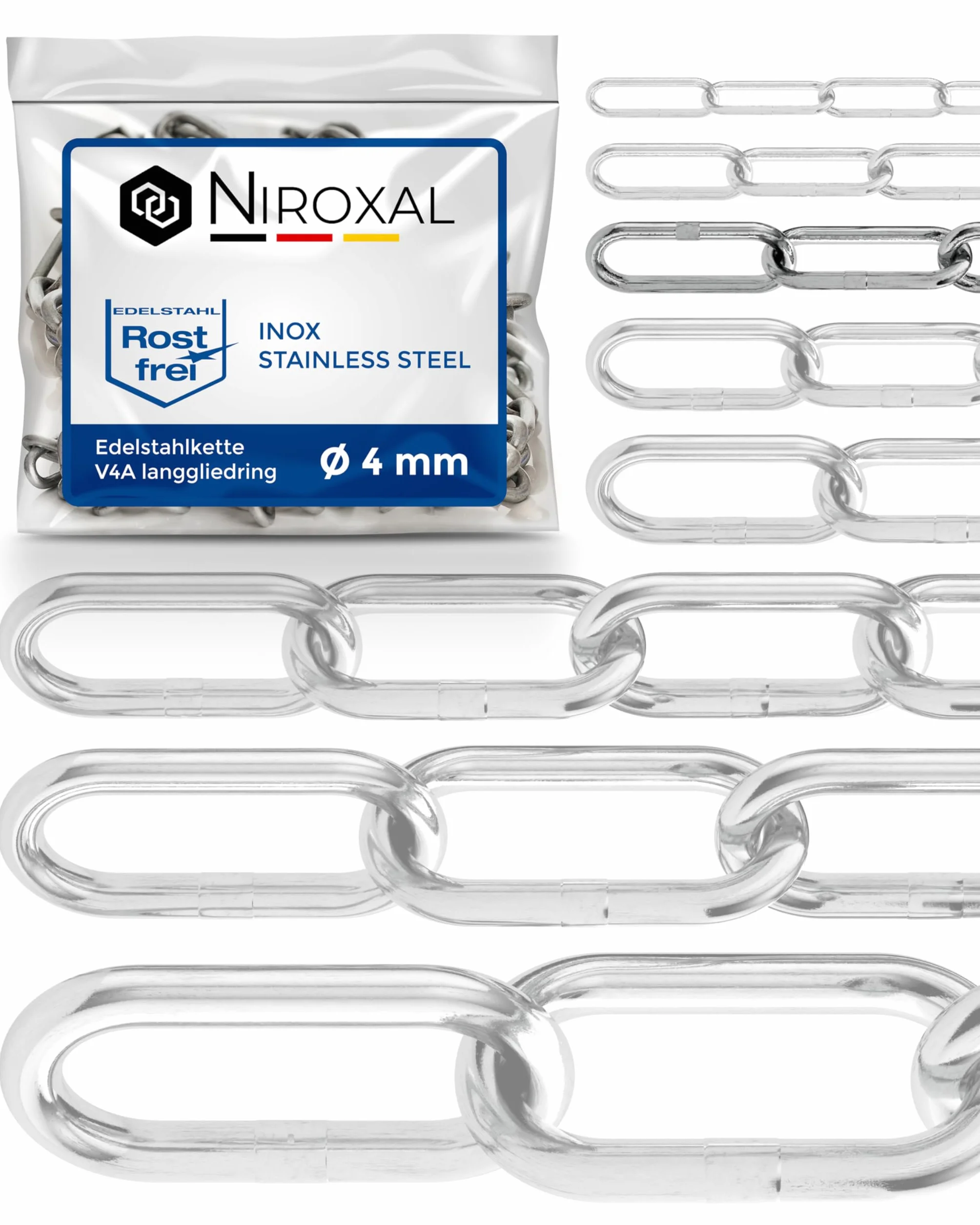 Łańcuch ze stali nierdzewnej 316 klasa morska 4 mm długie ogniwo DIN 763 DIN 5685 łańcuch kotwiczny 1 m 1 sztuka NietFullThings