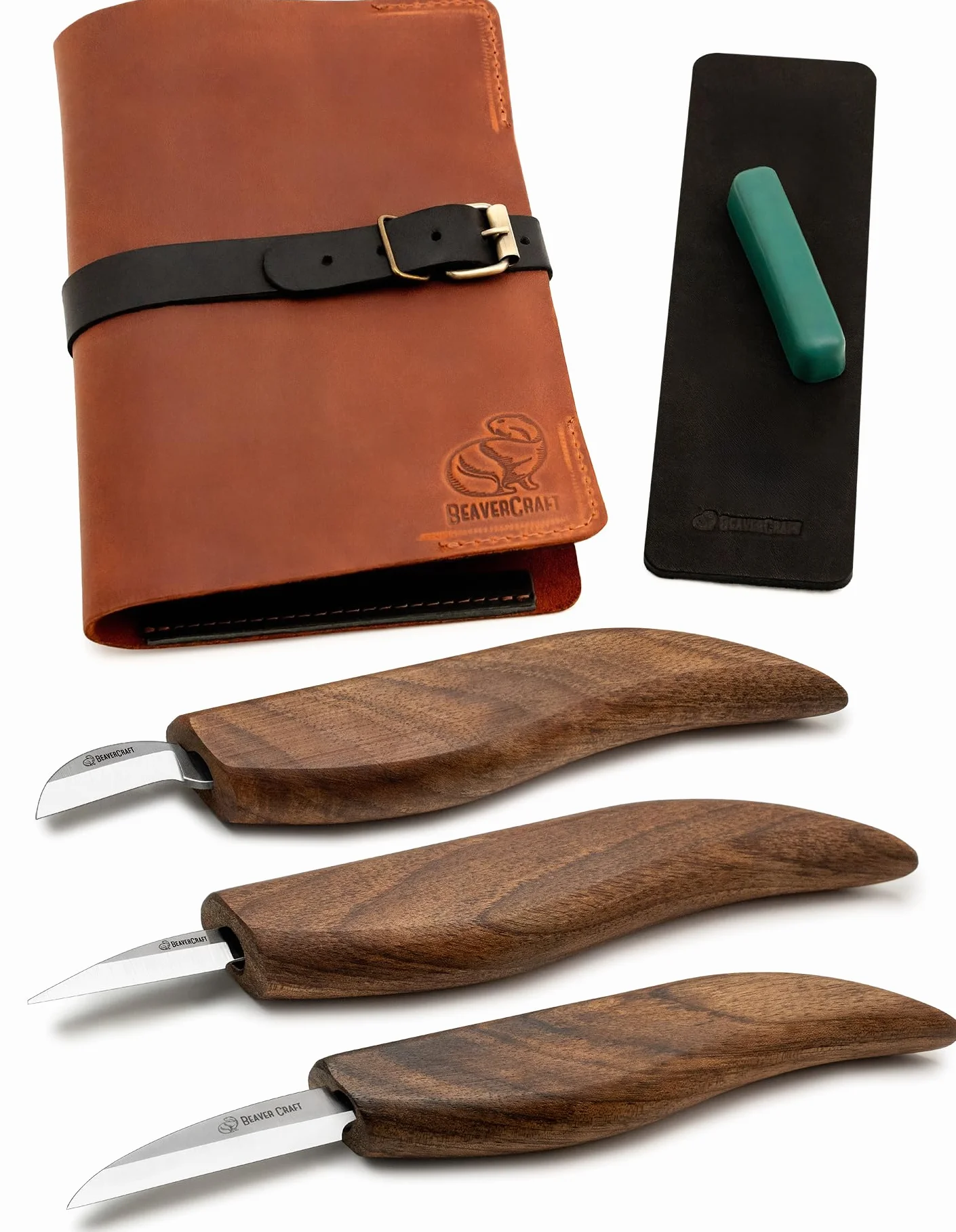 BeaverCraft Zestaw noży do rzeźbienia w drewnie Deluxe S15X – narzędzie do rzeźbienia w drewnie i skórzane paski do ostrzenia środkami polerskimi – noże do rzeźbienia, dłuto drążone, dłuto