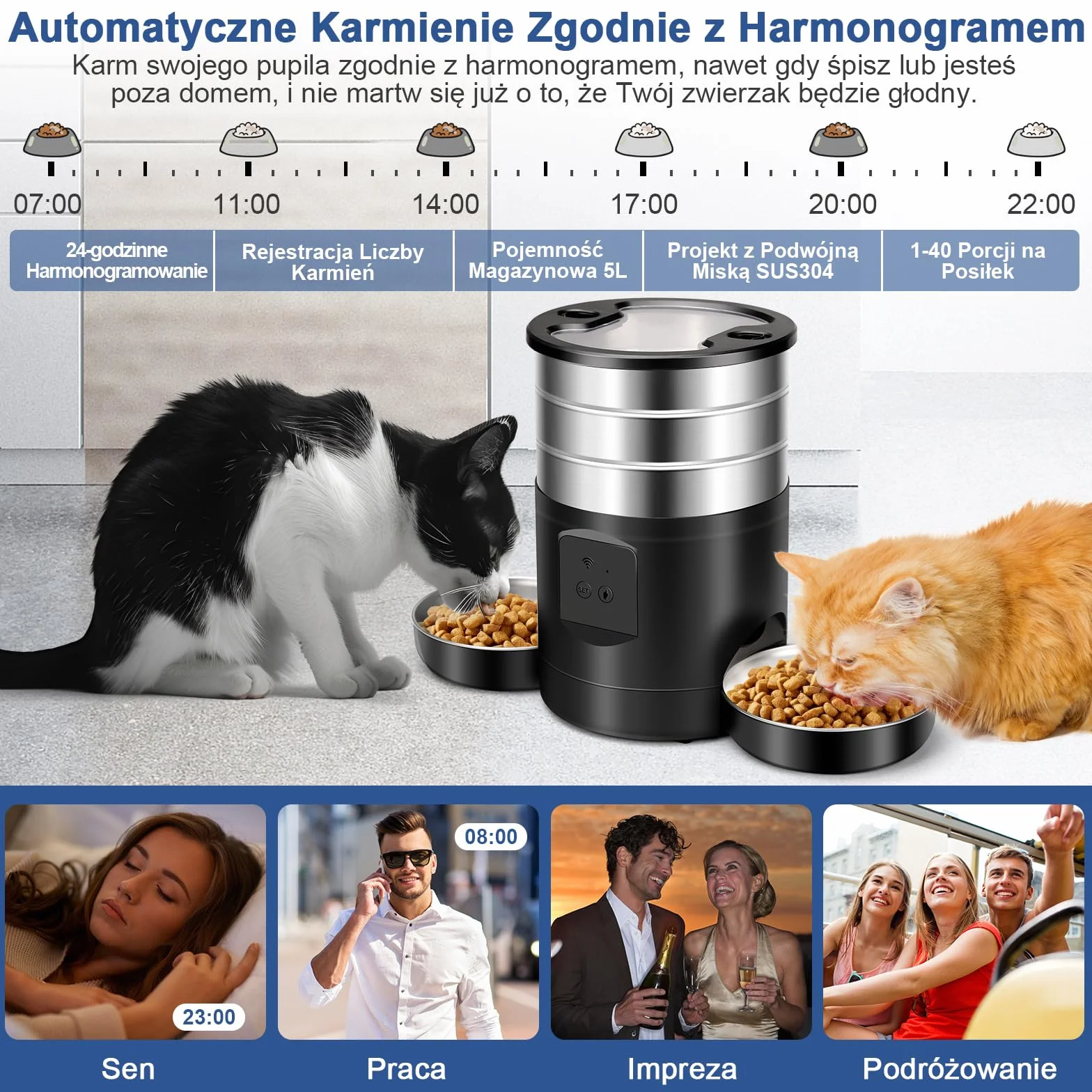 5L Automatyczny Dozownik Karmy Dla Kotów z Podwójnymi Miskami, 2.4G WiFi Zapobiegający Zatorom 1-40 Porcji Spersonalizowane Karmienie 24-Godzinna Rezerwacja, Automatyczny Dozownik Dla Psów i Kotów