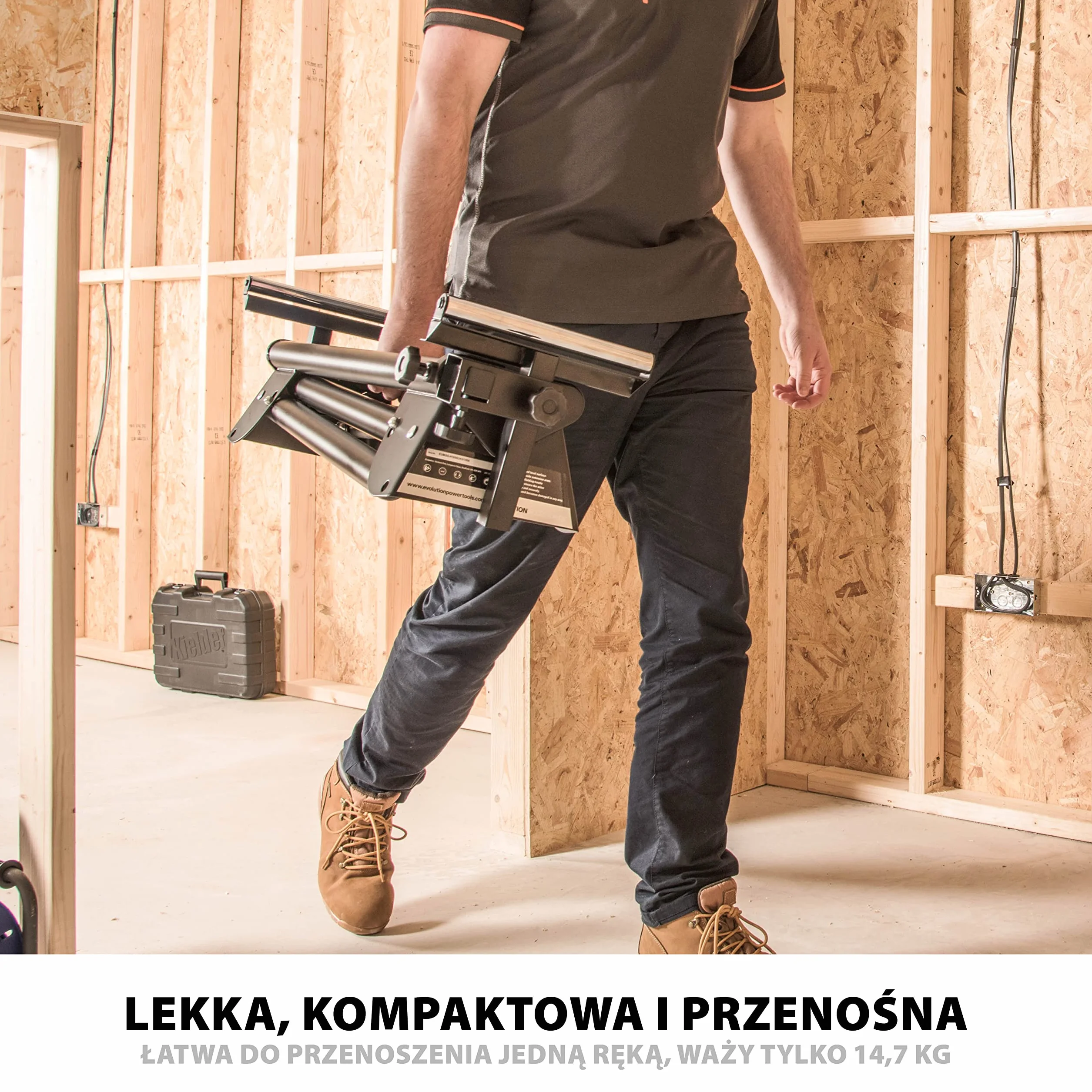 Evolution Power Tools Stojak do ukośnicy EVOMS1 – uniwersalny, kompaktowy, składany stojak z wysuwanymi ramionami. Pasuje do ukośnic Evolution, Makita, DeWalt, Bosch, Ryobi, Einhell i Metabo