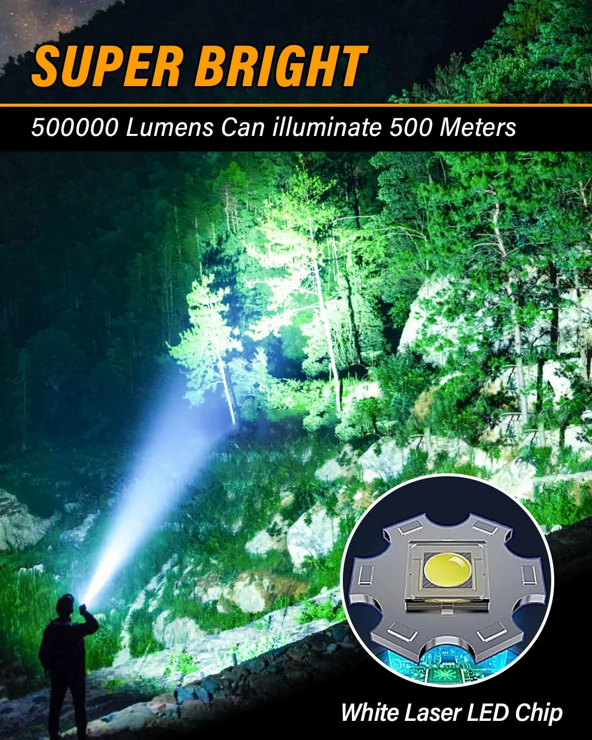 Akdomart AK06 latarka LED z możliwością ładowania, wodoodporna latarka taktyczna IP67, 500000 lumenów latarka LED niezwykle jasna, latarka akumulatorowa z możliwością ładowania przez USB
