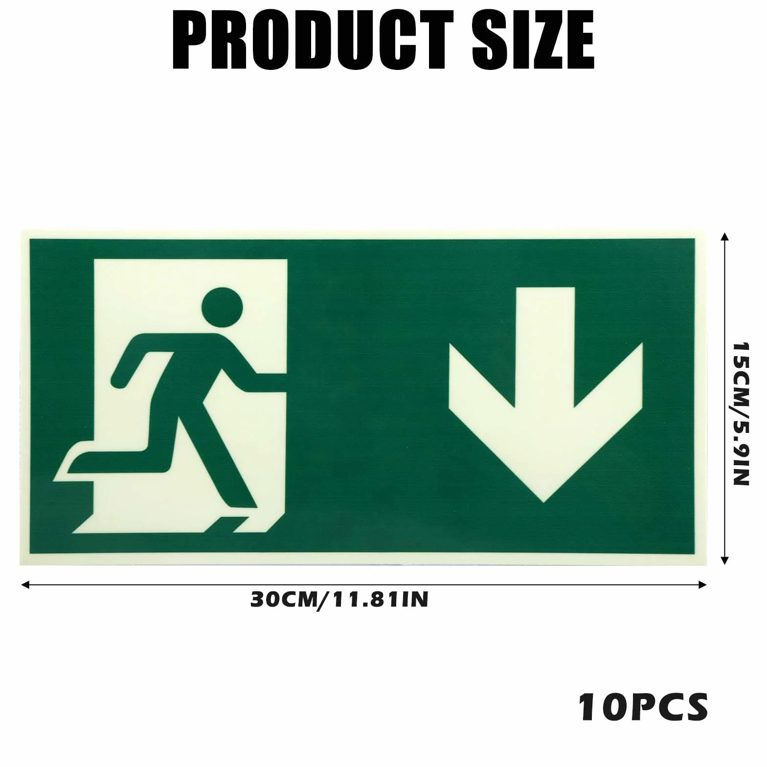Tabliczka wyjścia awaryjnego, 10 sztuk, 300 x 150 mm, kompozyt aluminiowy, ostrzeżenie, wysokiej jakości znak wyjścia awaryjnego, strzałka w dół, droga ewakuacyjna, długo świecąca płyta z tworzywa