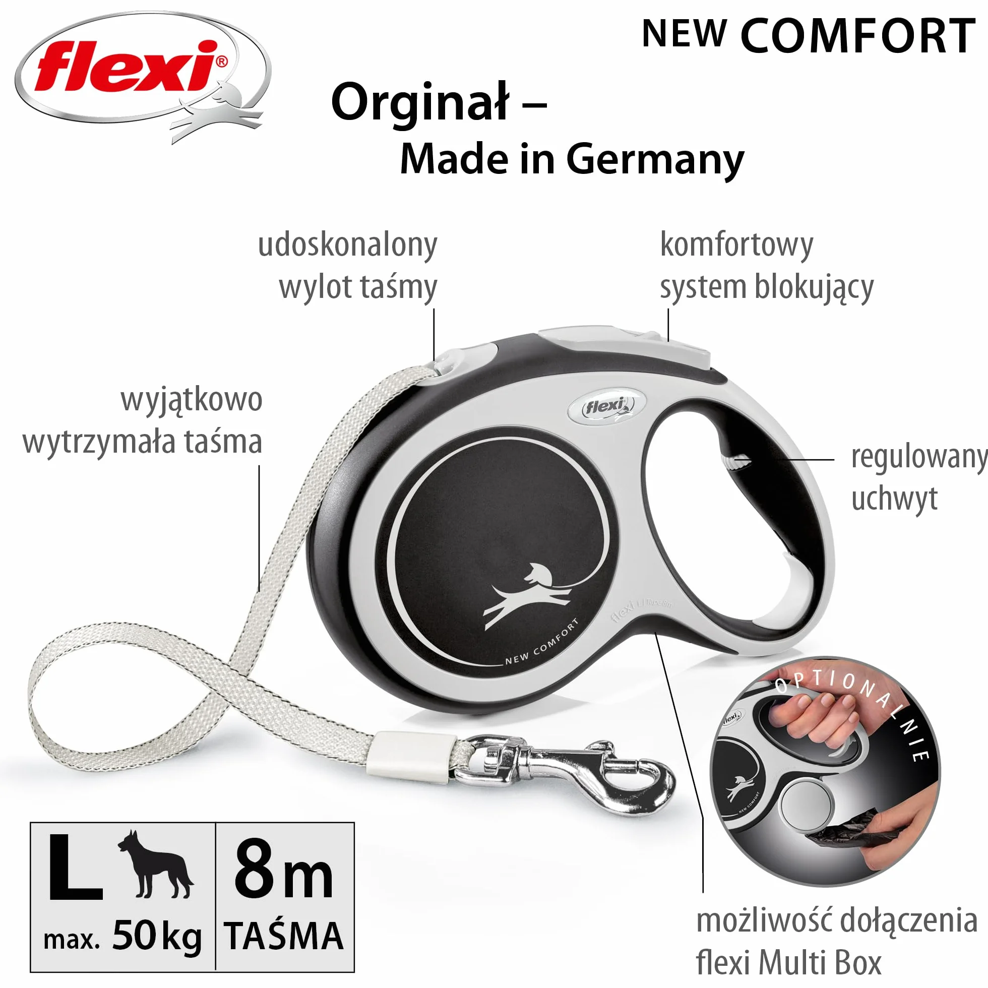 Flexi Comfort Smycz Automatyczna, Szary/Czarny, L/8m