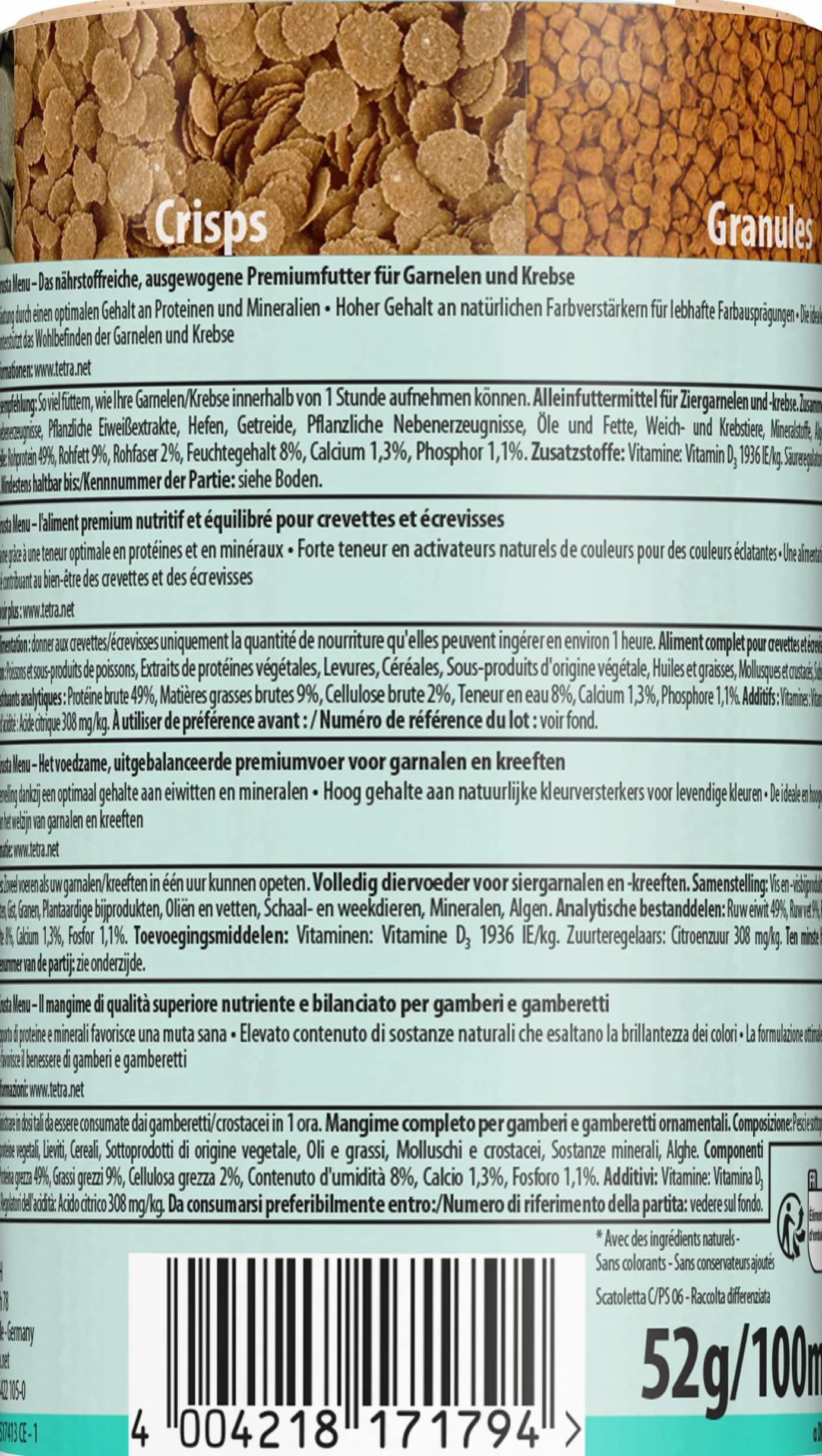 Tetra Crusta Menu – karma 4 w 1 z patyczkami, granulkami, wazami i granulatami do krewetek i raków, dla urozmaiconej diety, puszka 100 ml
