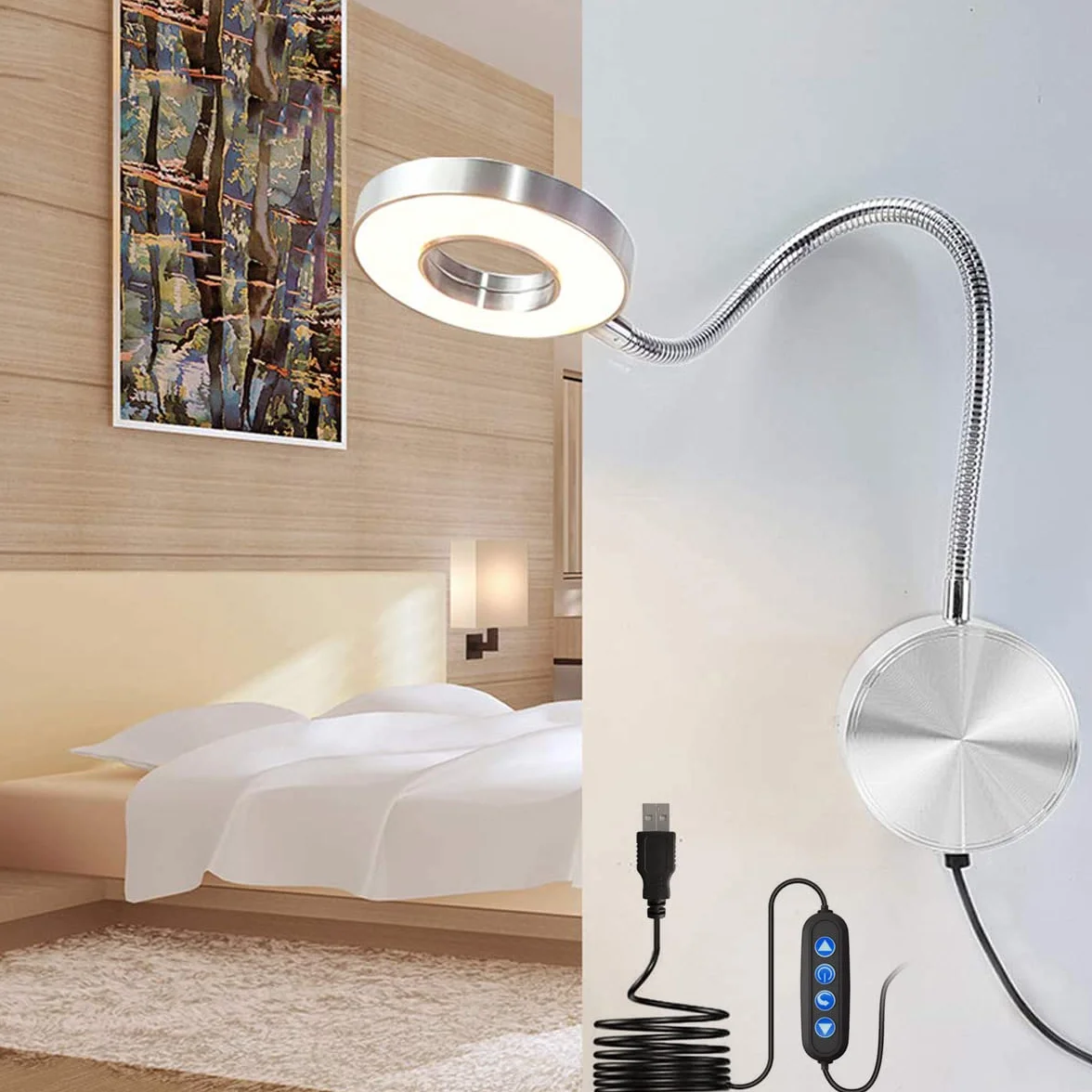 LANMOU Lampa do czytania ścienna – 5 W LED lampa ścienna z wtyczką – ściemniacz i 3 temperatury barwowe – lampka do czytania na łóżku – 40 cm – kabel USB – 420 lm – lampka nocna aluminiowa – ochrona