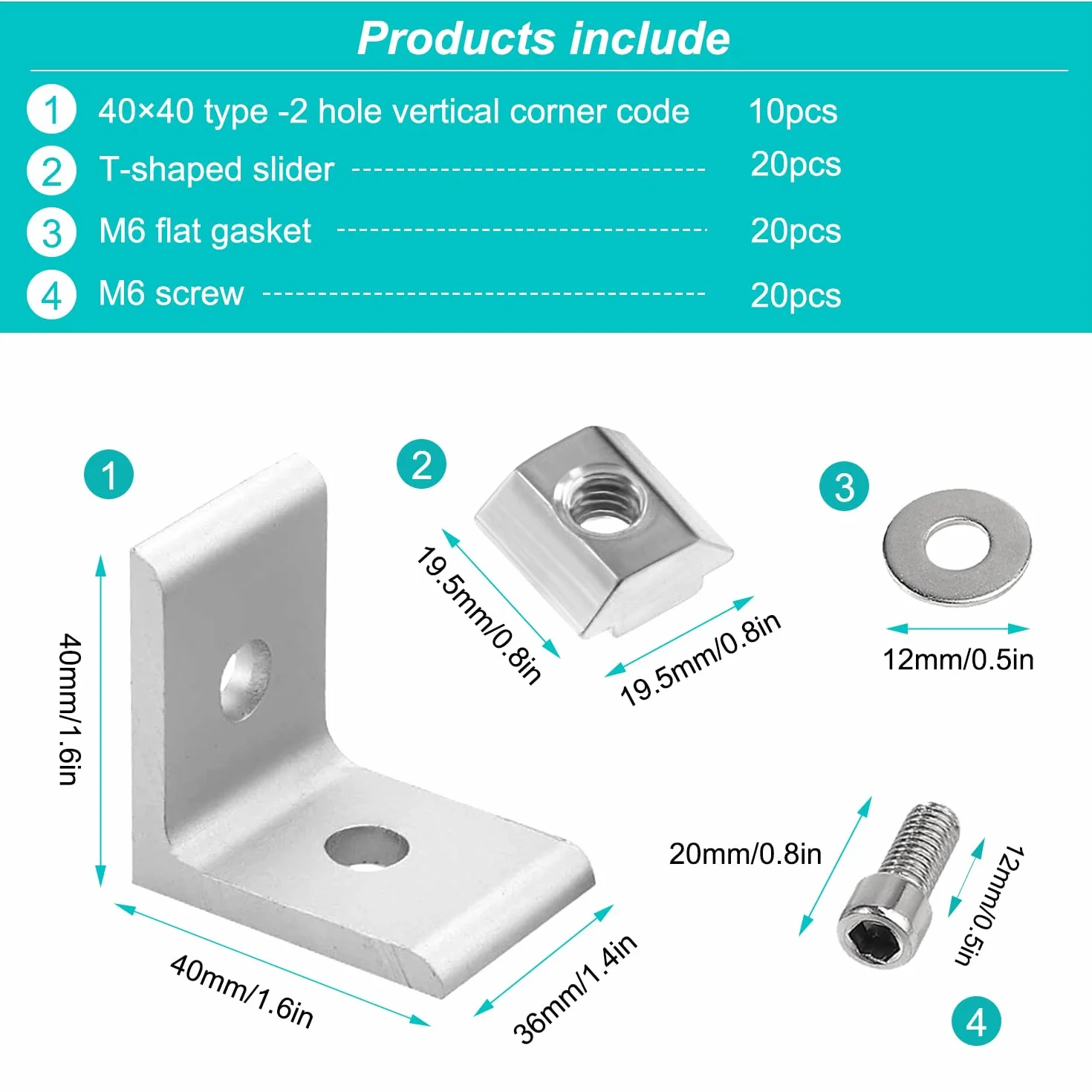 Zestaw 10 łączników kątowych z profilem aluminiowym, profil aluminiowy 40 x 40, łączniki kątowe M6, kątowe łączniki kątowe, aluminiowe elementy mocujące do mocowania profili aluminiowych