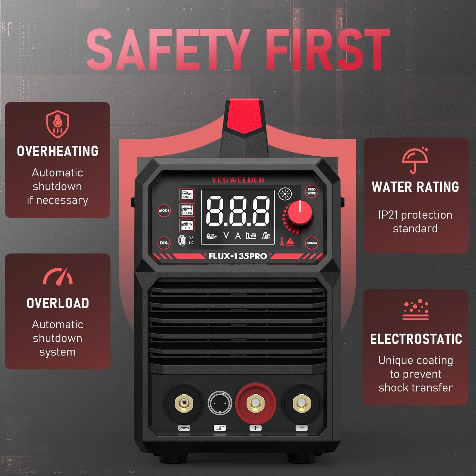 YESWELDER 135Amp MIG Spawarka bez Gazu 230V Rdzeń Topnika Maszyna do Spawania Flux MIG/Lift TIG/Stick 3 w 1 Spawacz Duży Cyfrowy Wyświetlacz LED IGBT Inverter Zgrzewarka