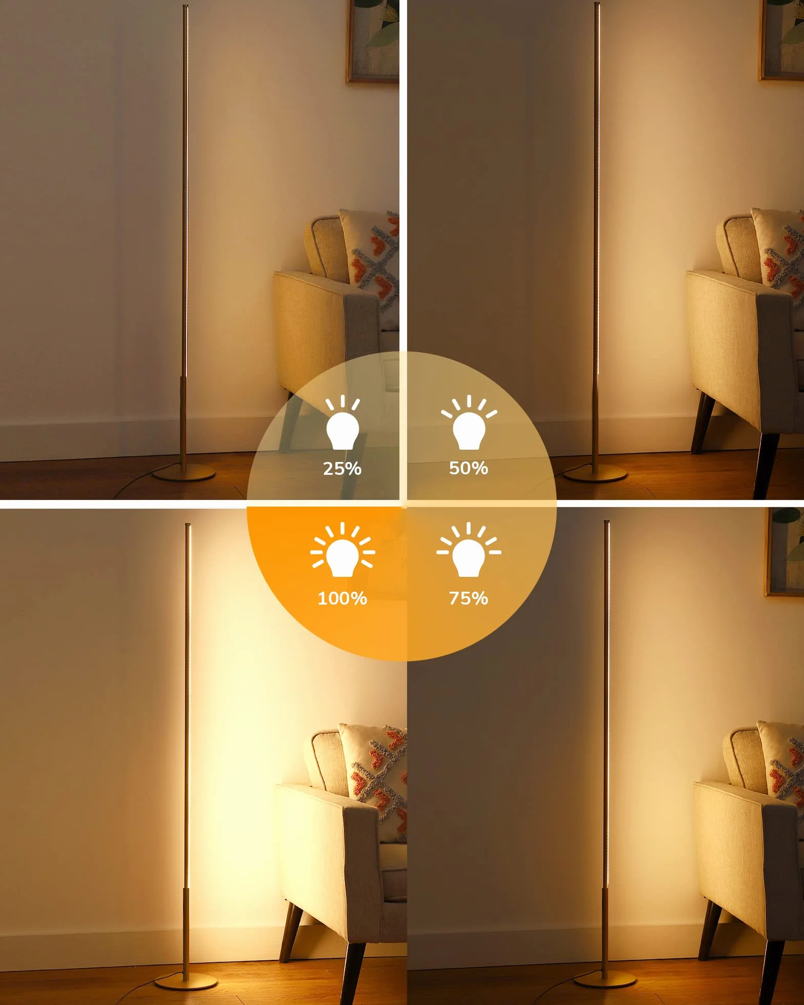 EDISHINE Lampa stojąca do salonu, ściemniana lampa stojąca LED, 3000 K ciepła biel, nowoczesna lampa podłogowa z przełącznikiem nożnym, 146 cm złota kolumna świetlna do salonu, sypialni i biura.