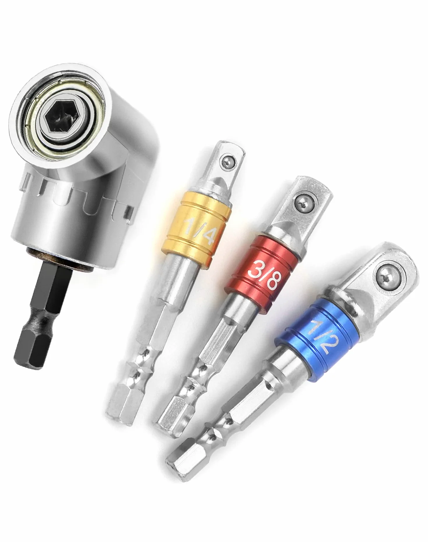 QWORK® Adapter do wkrętarki kątowej 105°, adapter kątowy do wkrętarki akumulatorowej, wiertło z chwytem sześciokątnym, z 3-częściowym adapterem nasadowym 1/4" 3/8" 1/2"