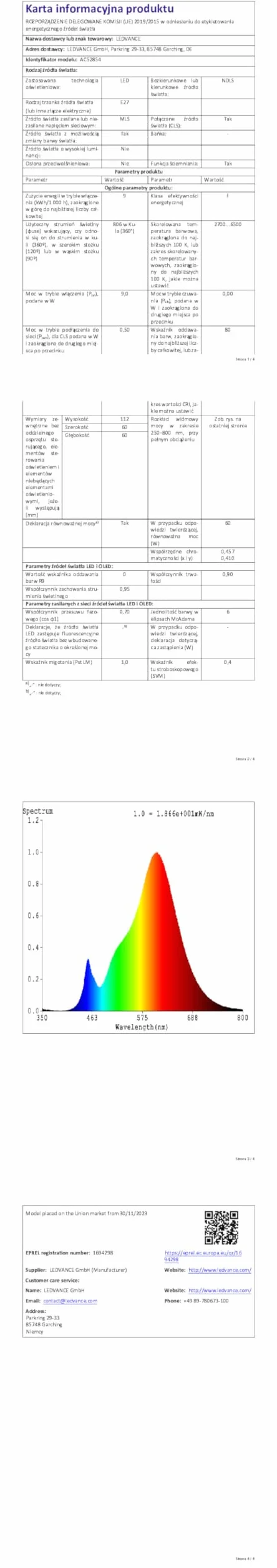LEDVANCE Lampa LED SMART+ MATTER E27 9W 806lm biała matowa kompatybilna z Google Alexa Apple pakiet 4