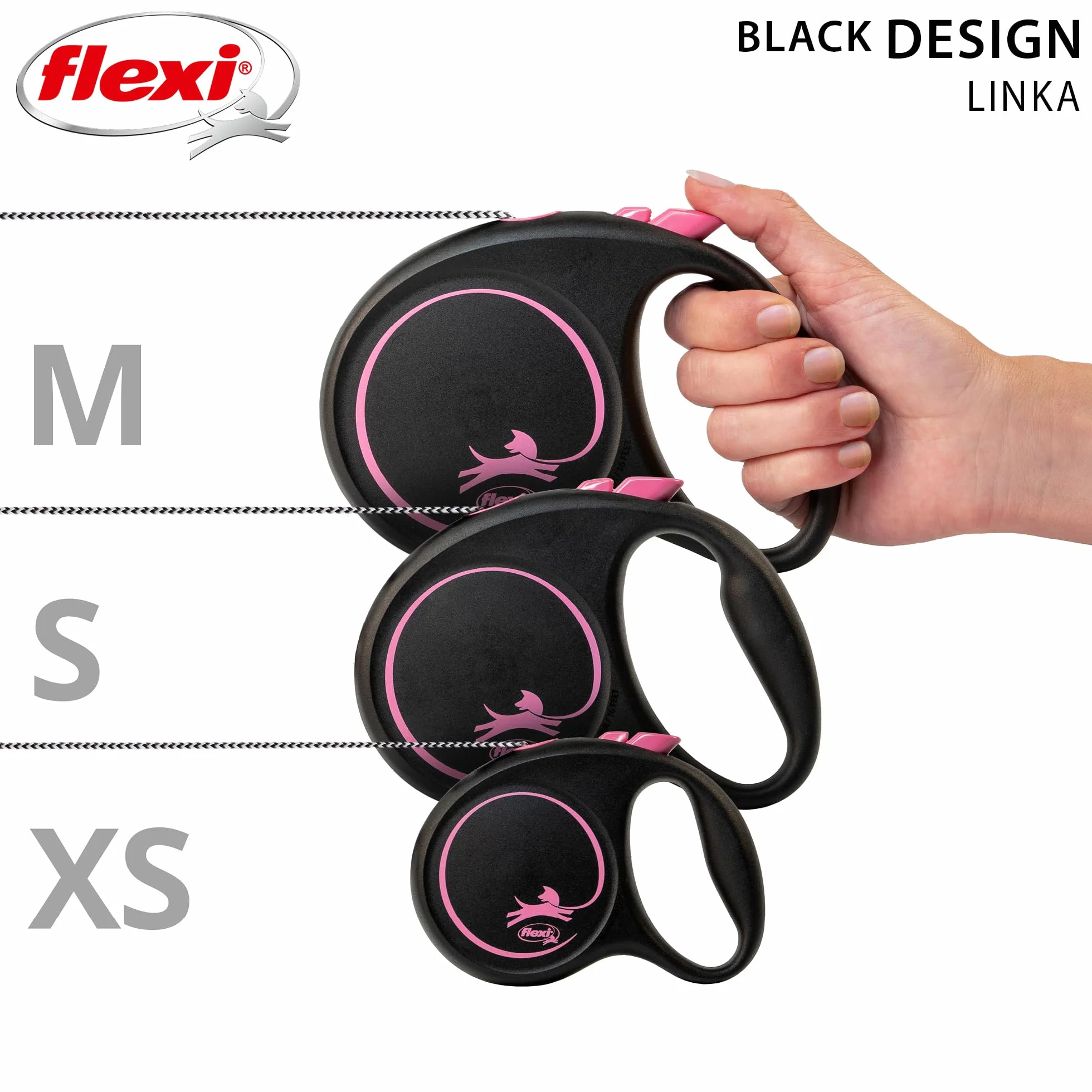Flexi, model smyczy w kolorze czarnym, wersja ze sznurkiem, nowoczesny i ergonomiczny kształt, zaawansowany system prowadzenia, zwijana smycz, wyprodukowano w Niemczech, czarno-różowy, XS - 3m