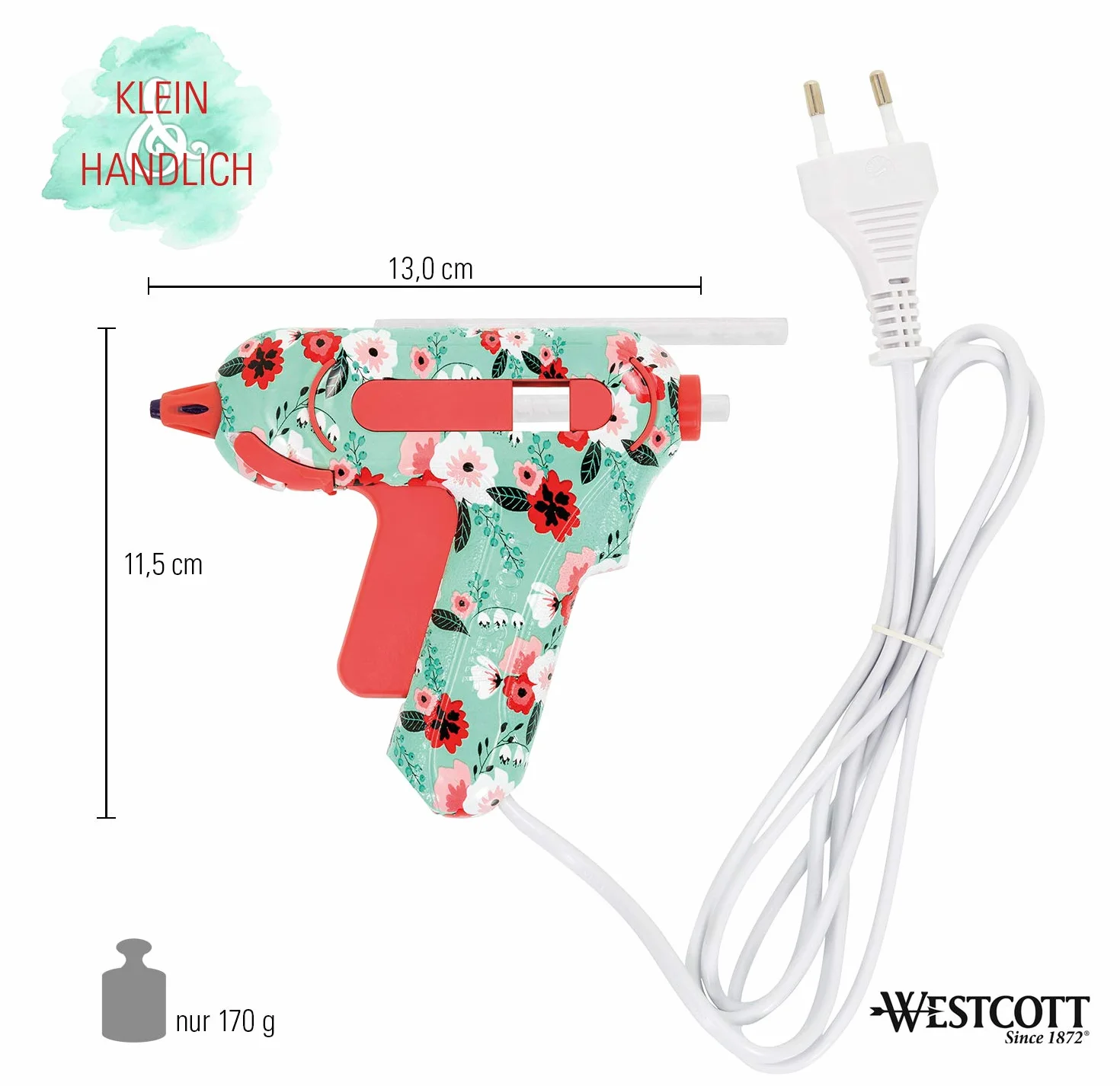 Westcott E-17201 00 Mini pistolet do klejenia z kwiatowym wzorem z 2 turkusowy/czerwony klej