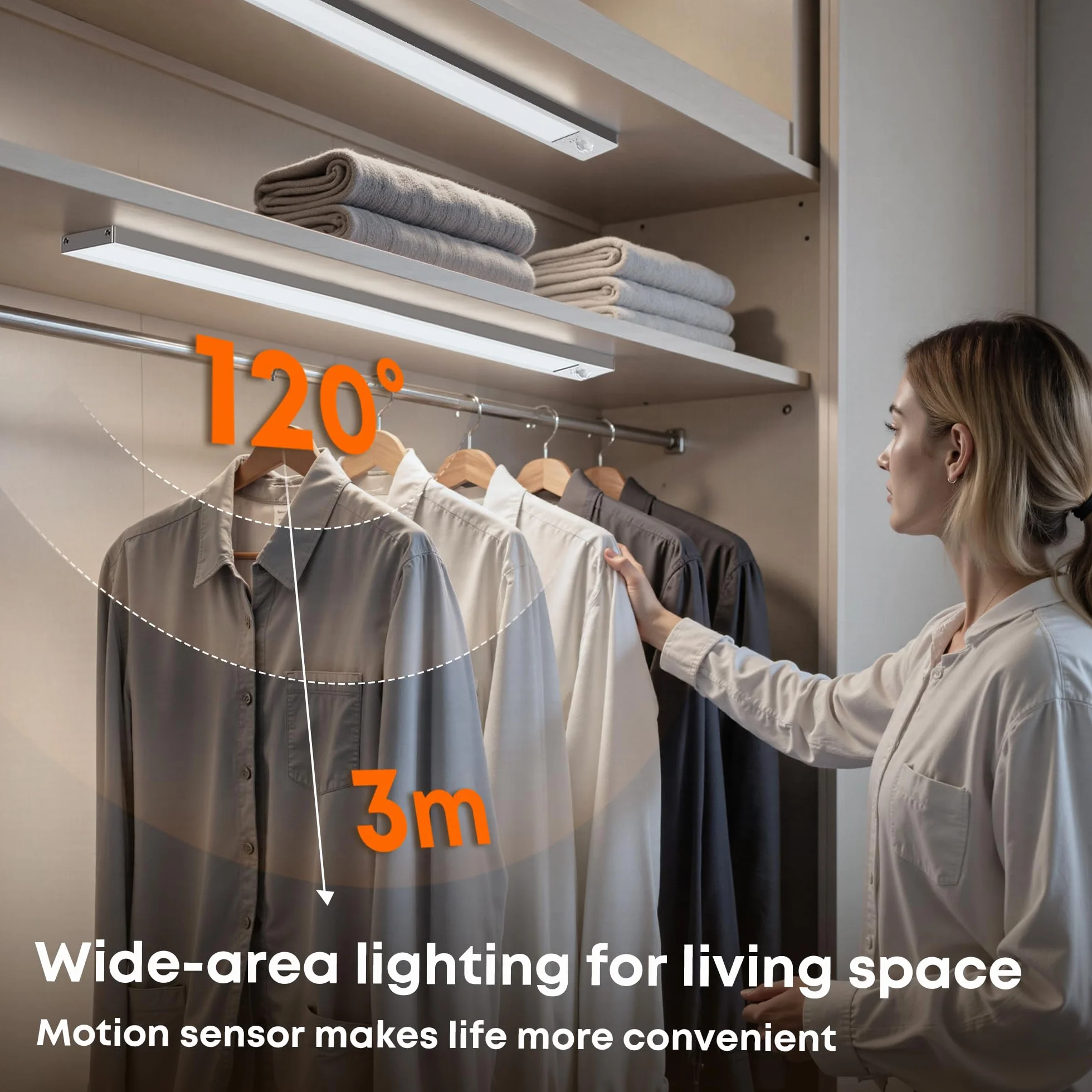 LROLTEF Oświetlenie pod szafkami kuchennymi z czujnikiem ruchu, możliwość ściemniania, 50 cm, 3000 mAh, 6500 K, diody LED, pod szafkami, ładowane przez USB-C, czujnik do garderoby, nocne światło do