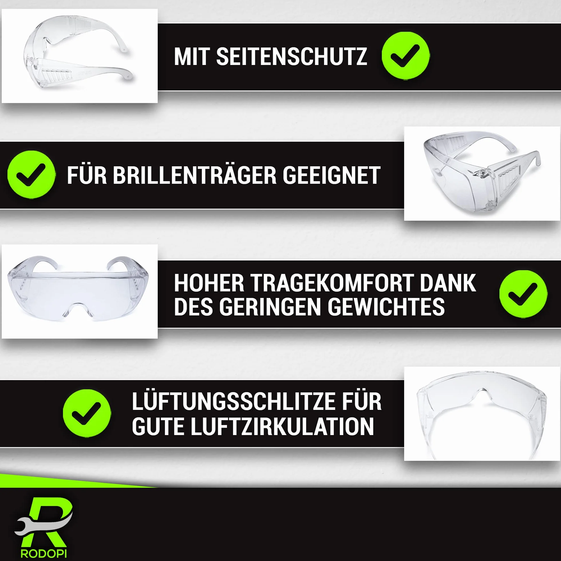 RODOPI ProLense-Protect okulary ochronne dla osób noszących okulary, okulary ochronne, przezroczyste, EN 166 1F, okulary robocze, na plac budowy, laboratorium, do pracy, ANSI Z87.1