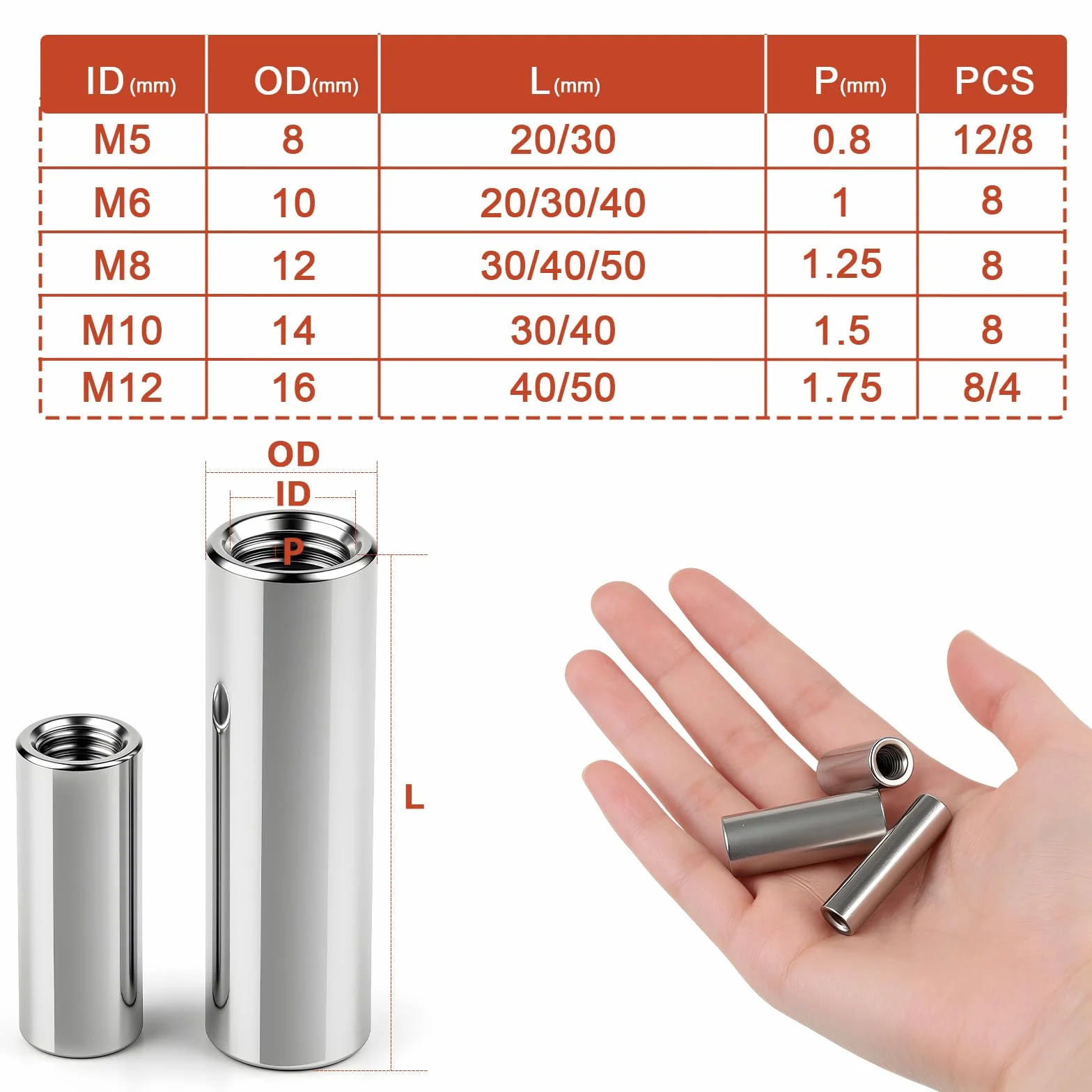 8 sztuk M10 okrągłe mufy gwintowane M10 x 40 x 14 mm okrągłe mufy ze stali nierdzewnej 304 nakrętki łączące długa nakrętka sprzęgła gwint wewnętrzny mufy dystansowe nakrętka do maszyn, mebli