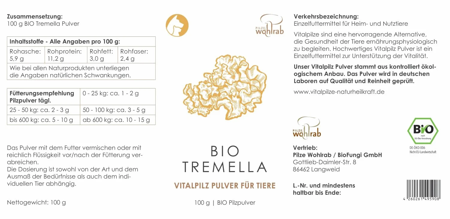 Bio Tremella proszek dla zwierząt, 100 g czystego proszku witalnego w proszku, najwyższa jakość biologiczna, proszek witalny - dozowanie dla zwierząt - 1 puszka - suplement diety