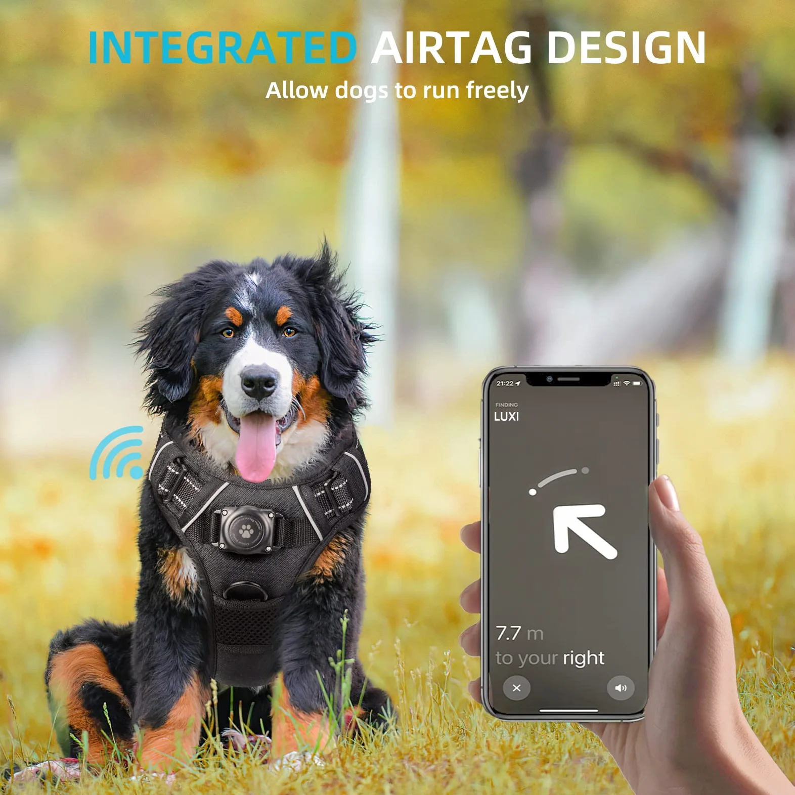 Uprząż AirTag, zintegrowana kamizelka ze 100% wodoodpornym uchwytem na metkę, kamizelka odblaskowa bez ciągnięcia, bez duszenia, z etui Apple dla małych, średnich i dużych psów (czarna, S)