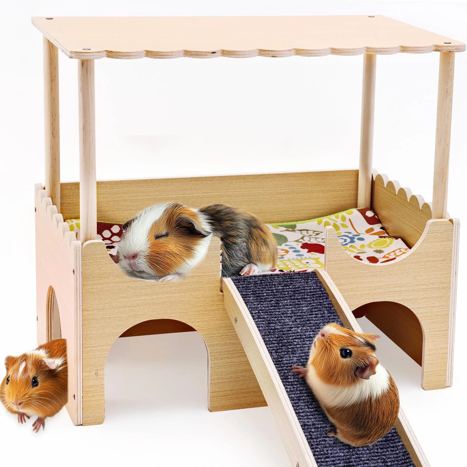 Drewniany domek dla świnki morskiej, łóżko dla chomików, dla świnek morskich z drabiną, 2 piętra kryjówki, domek dla małe zwierzęta akcesoria dla królik, szynszyli, fretek, 38 x 35,5 x 25 cm