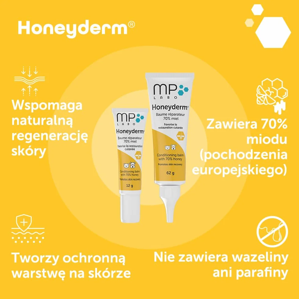 MP Labo Honeyderm® 62 g - balsam regenerujący z 70% zawartością miodu dla psów i kotów - zawiera kwas hialuronowy, witaminy A i E, masło shea, aloes i olejek lawendowy