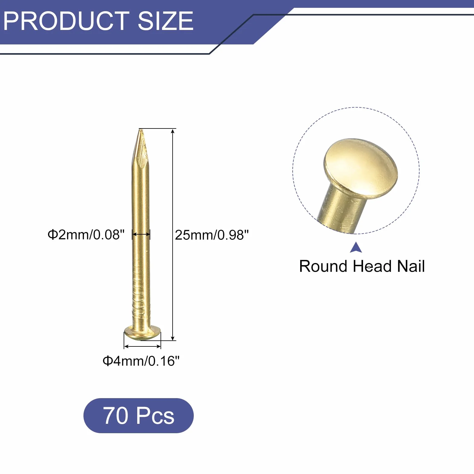Mosiężne gwoździe 70 sztuk 2 x 25 mm okrągła główka do drewna DIY