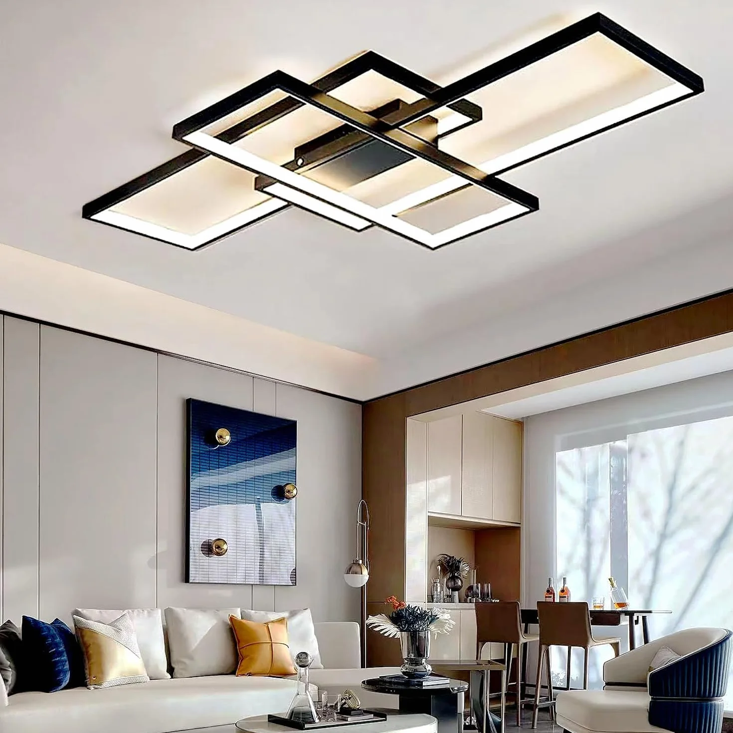 ASJK Lampa sufitowa Czarna 105W Nowoczesna lampa do salonu z pilotem, 3000k-6000k Geometryczne wielofunkcyjne oświetlenie sufitowe do salonu (140cm, czarny)