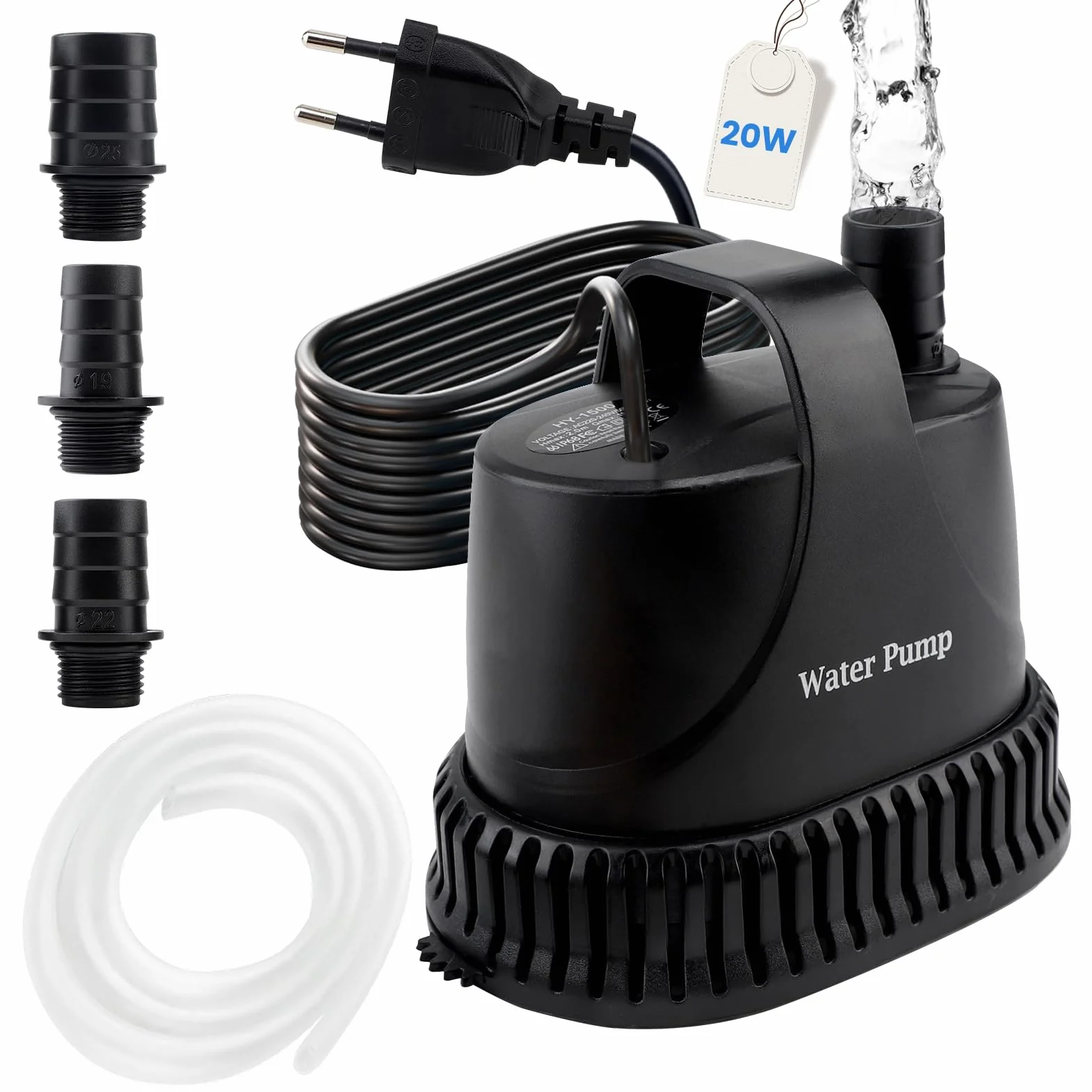 EXLECO Zatapialna pompa do brudnej wody, 1200 l/h, 20 W, 220 V, mała pompa wodna, fontanna, ciśnienie wody do basenu, stawu, ogrodu, kabel 2 m, 1 wąż 2 dysze