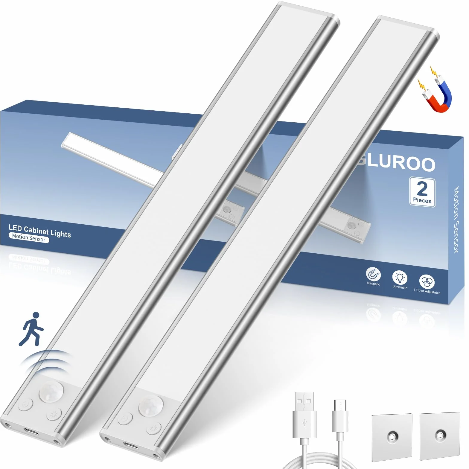 GLUROO Oświetlenie LED Pod Szafkę z Czujnikiem Ruchu, 30 cm, 3 Kolory, USB-C, Ściemnianie, 2 szt