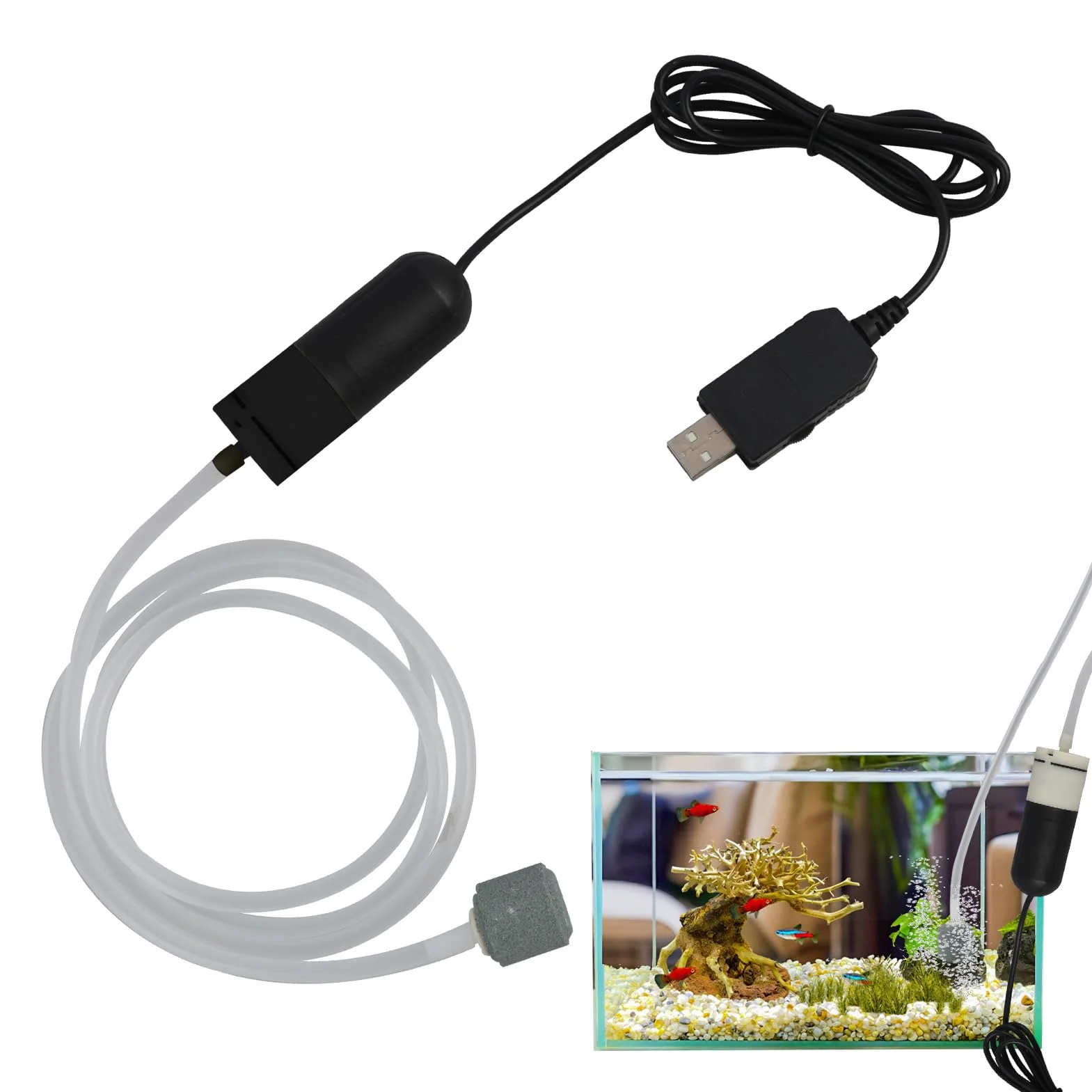 Mini USB Pompa Powietrza do Akwarium, Pompa Tlenu z Kamieniem Powietrzającym do Akwarium, Urządzenie do Napowietrzania Zbiorników Rybich, Akcesoria do Akwariów z Wodą Słodką i Morską, Energooszczędna