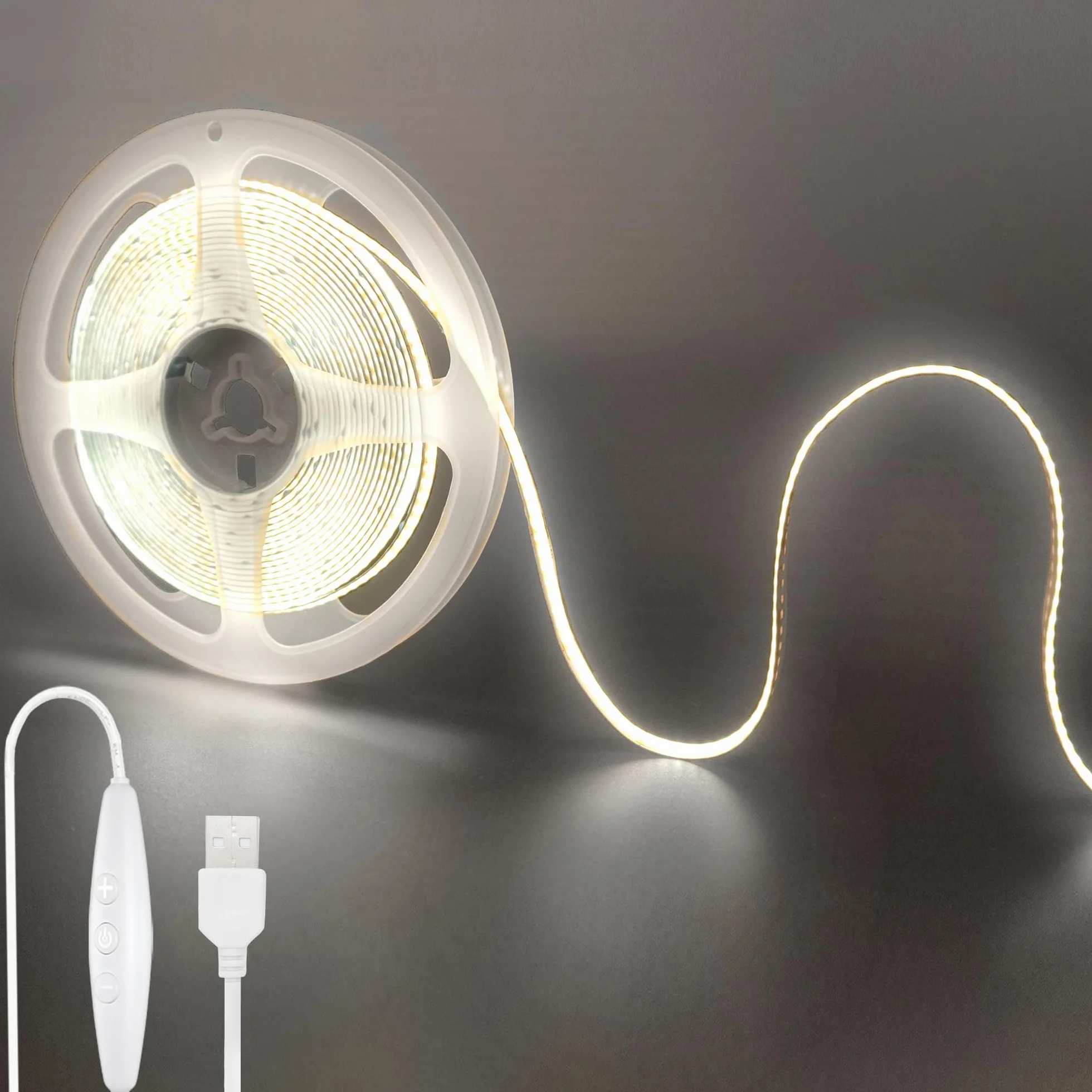 5V USB COB LED Bar Light z przełącznikiem przyciemniania, 9.84FT / 3M, zimny biały 6500K, 320LED / M, szerokość 8mm, kabel przełącznik USB 1.5M do dekoracji wnętrz domowych DIY