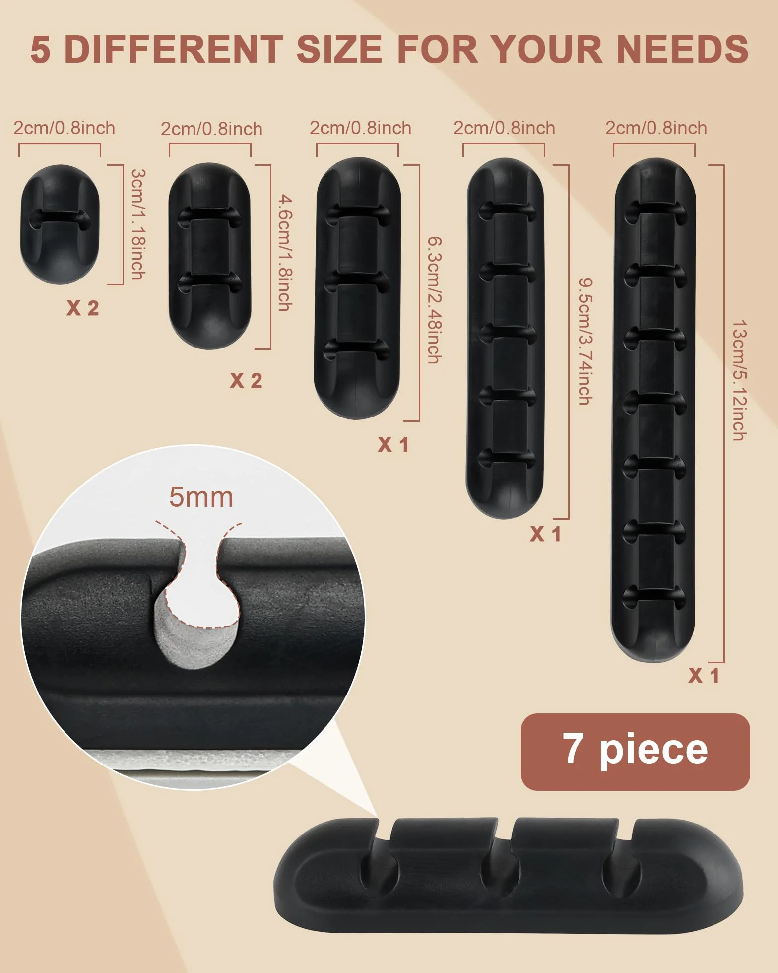 Organizer do Kabli na Biurko, 7 Sztuk Uchwyty na Kable Samoprzylepne i Wielofunkcyjne, w 5 Rozmiarach, Cable Management Set do Samochodu, Biura, PC i Domu (Czarny)