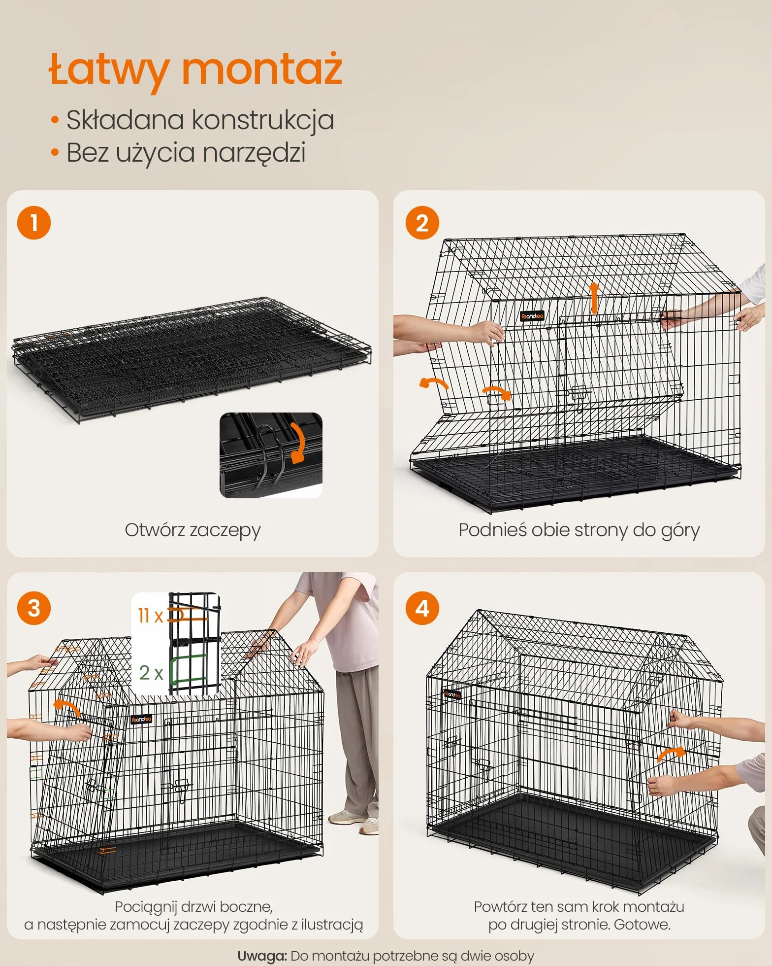 Feandrea Klatka dla psa, 120 x 72,5 x 109 cm, metalowa, składana, XXL, dla dużych psów, z podwójnymi drzwiami, łatwa do czyszczenia, do domu i samochodu, atramentowa, czarna PPD015B01