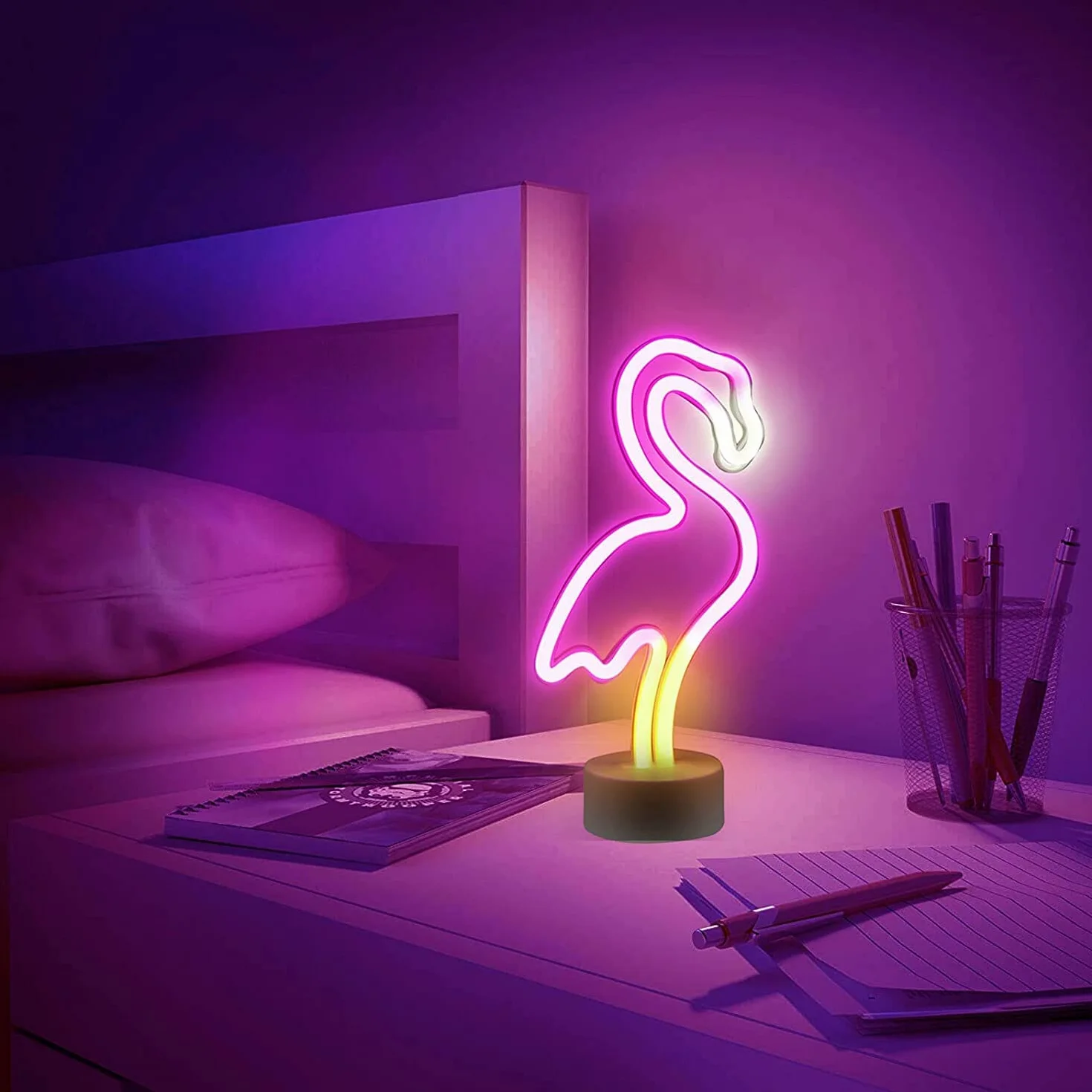 NIWWIN Neonowe lampki LED, lampki do dekoracji sypialni, lampki nocne i lampki nocne na baterie. Używany do dekoracji pokoju dziecięcego, prezentów świątecznych i urodzinowych. (Flamingo)