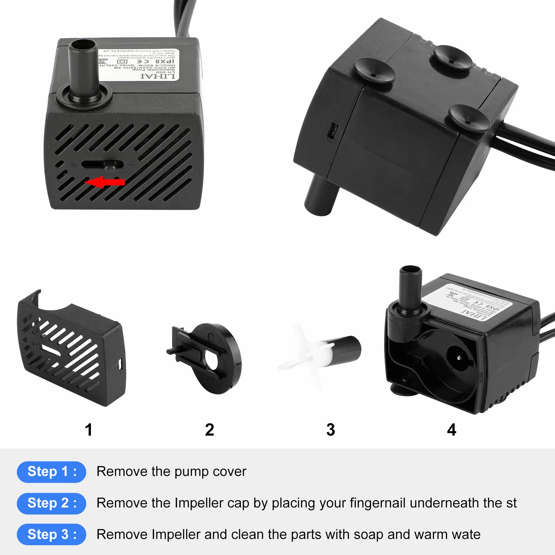 Mini pompa wodna z 4 diodami LED, 350 l/h, 3,5 W, do akwarium, pompa wodna do ogrodu, studni, ogrodu skalnego, pompa do akwarium, pompa zanurzeniowa, maks. wysokość tłoczenia 0,85 m