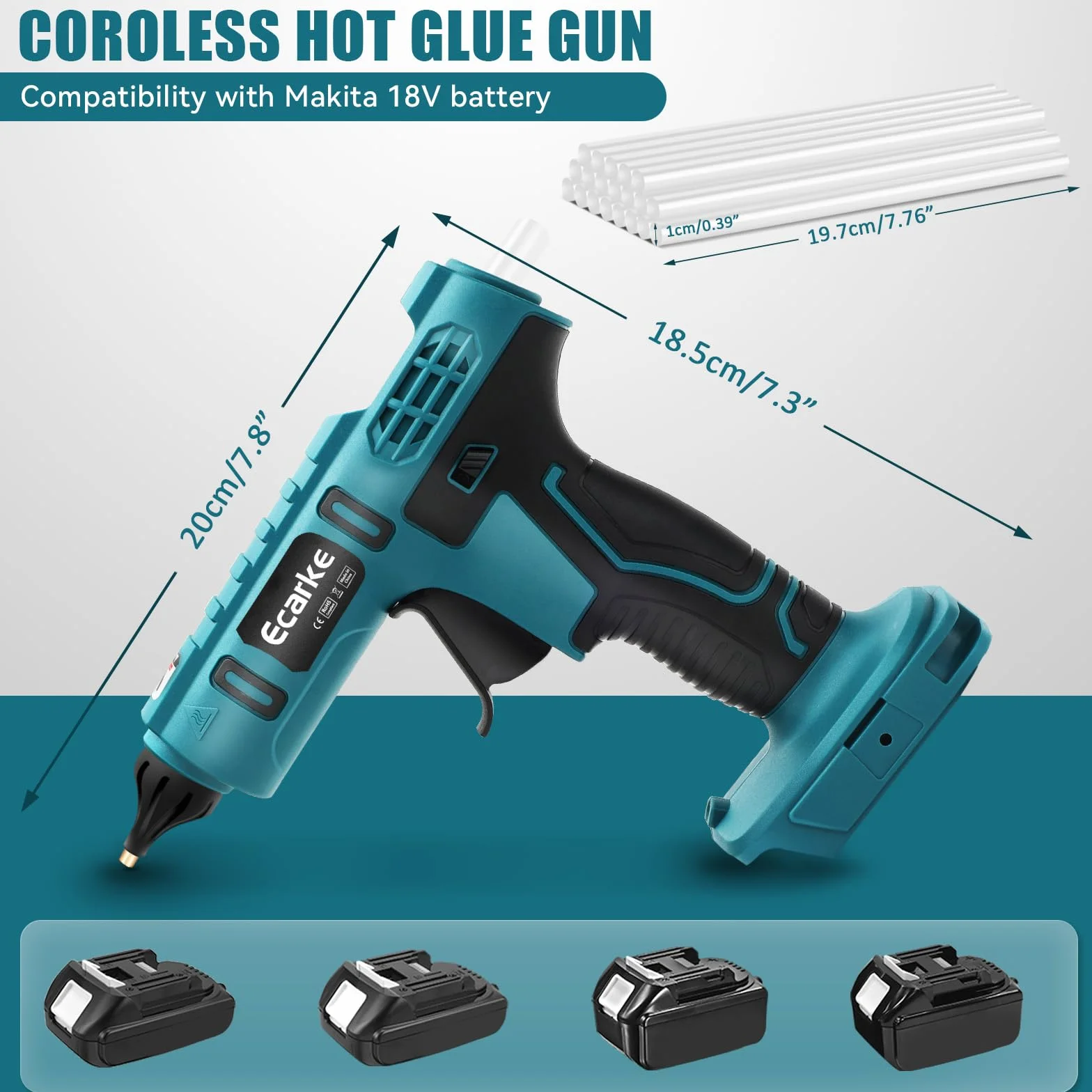 Ecarke Bezprzewodowy pistolet do kleju Ma Kita 18 V bateria litowa bezprzewodowy pistolet do klejenia Hot Sol idealny do naprawy rzemiosła DIY (z 20 szt. patyczków klejowych 11 mm)