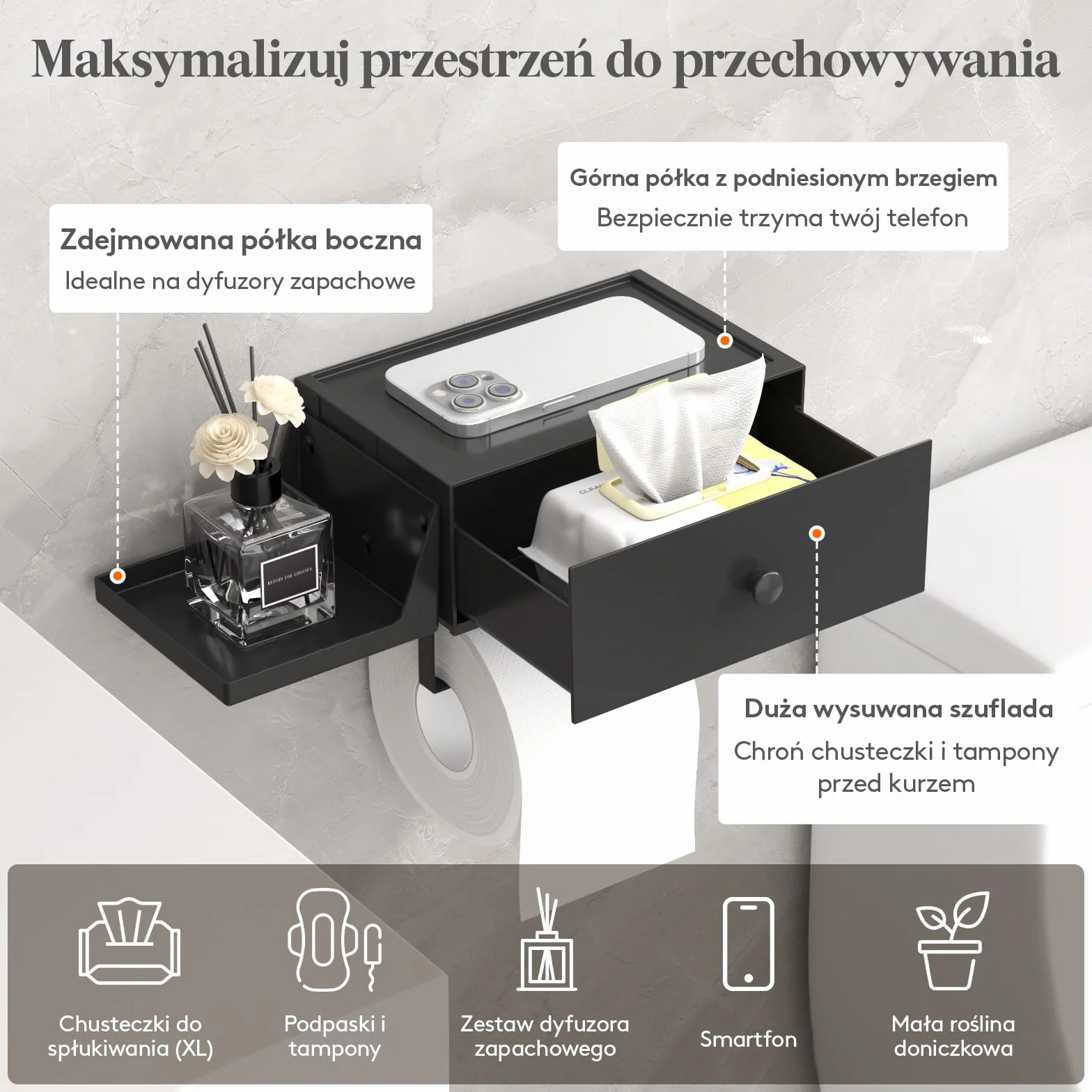 Lifewit SUS304 uchwyt na papier toaletowy, czarny, ze stali nierdzewnej, z pudełkiem na wilgotne chusteczki, uchwyt na papier toaletowy z półką do łazienki, toalety, montaż na klej / śrubę, 1 sztuka
