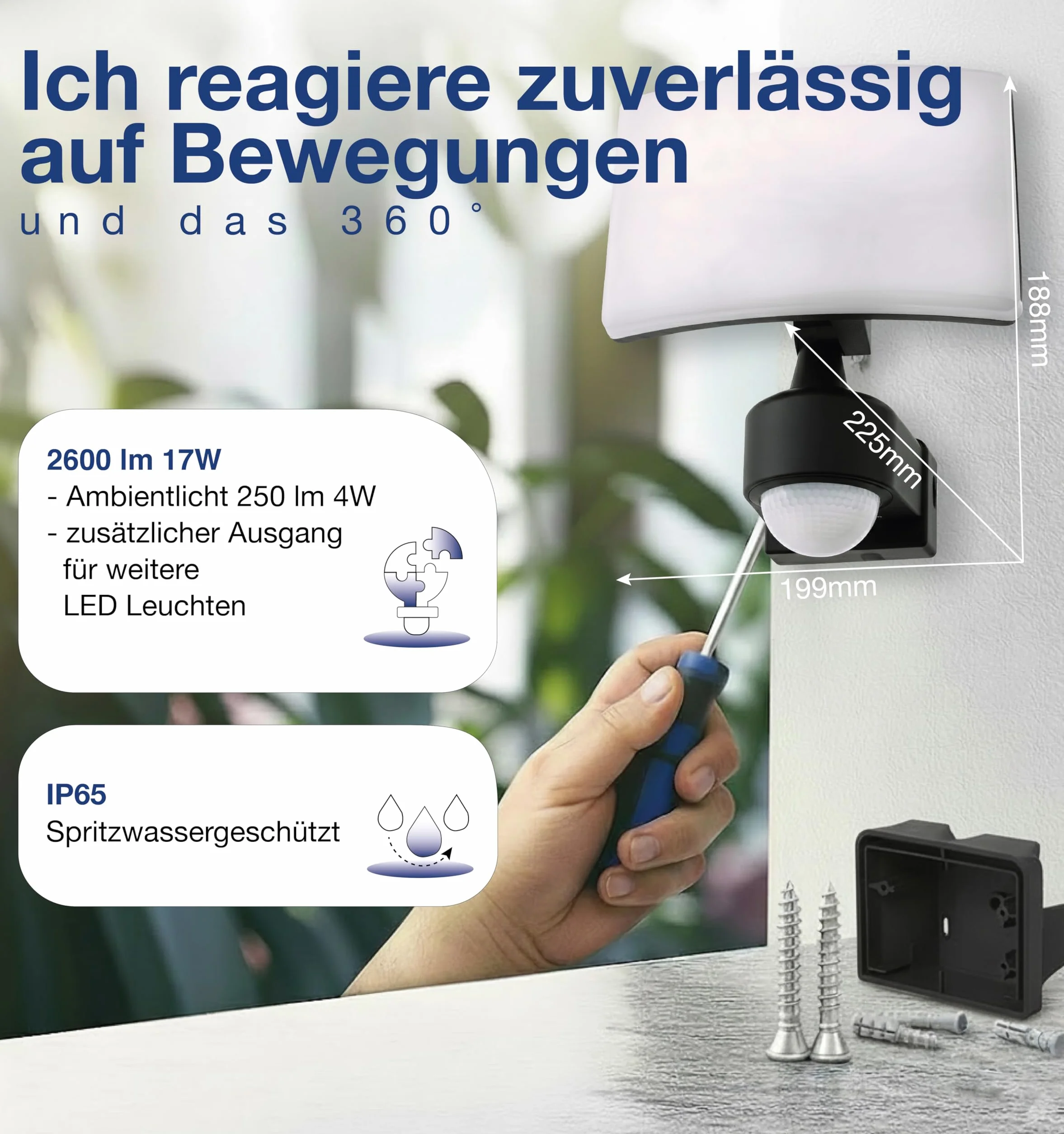 HUBER Reflektor LED z czujnikiem ruchu 360°, 20 W, 1800 lm, bardzo czuły (3 czujniki i soczewki matrycowe), ochrona przed skradaniem i ograniczenie obszaru, montaż ścienny i narożny, IP65, antracyt