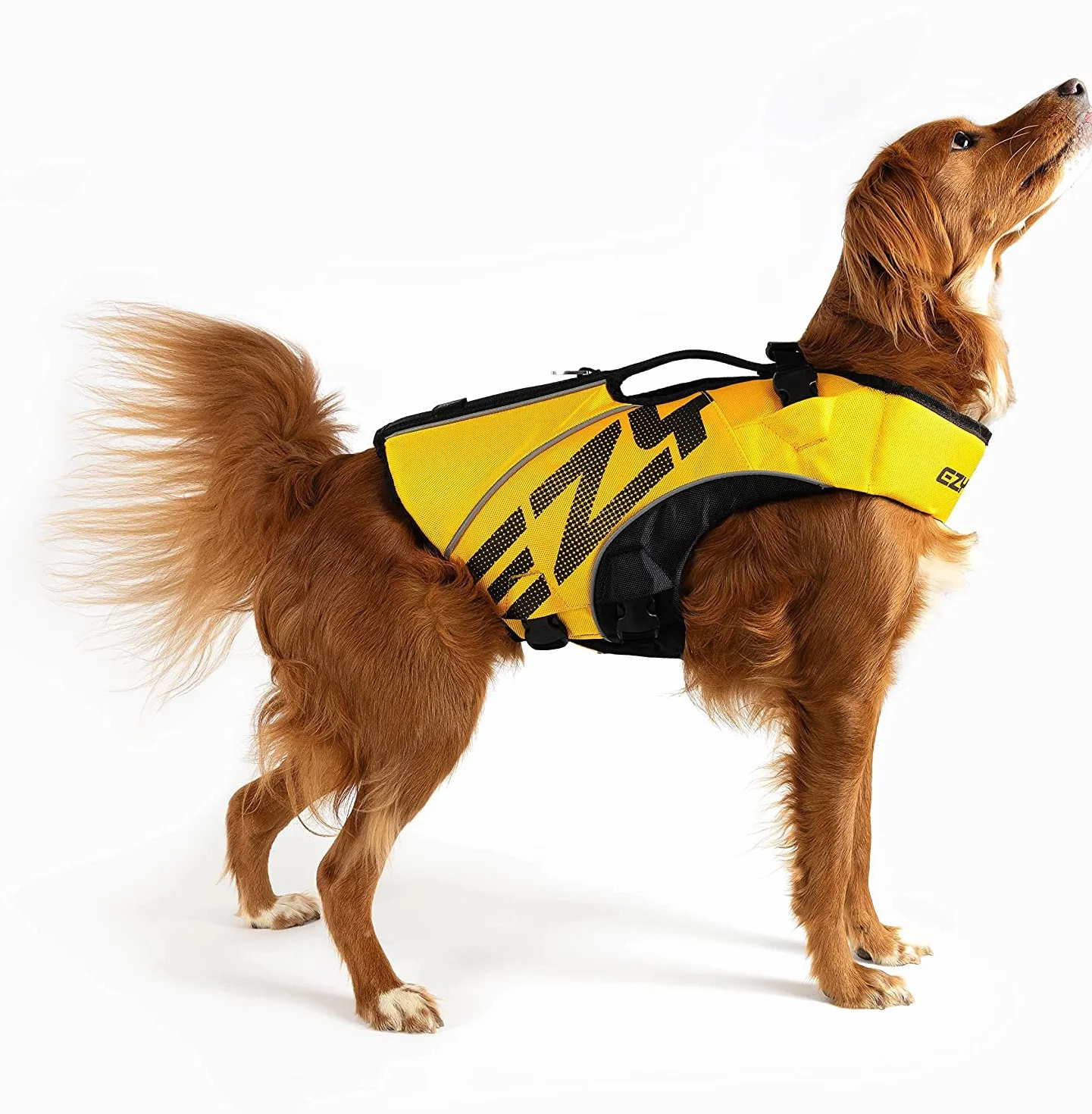 EzyDog DFD X2 Kamizelka ratunkowa dla psa, regulowana kamizelka ratunkowa do pływania, z ciągłym podnoszeniem szyi, odblaskowe wykończenie i uchwyt (rozmiar 2XS, żółta)