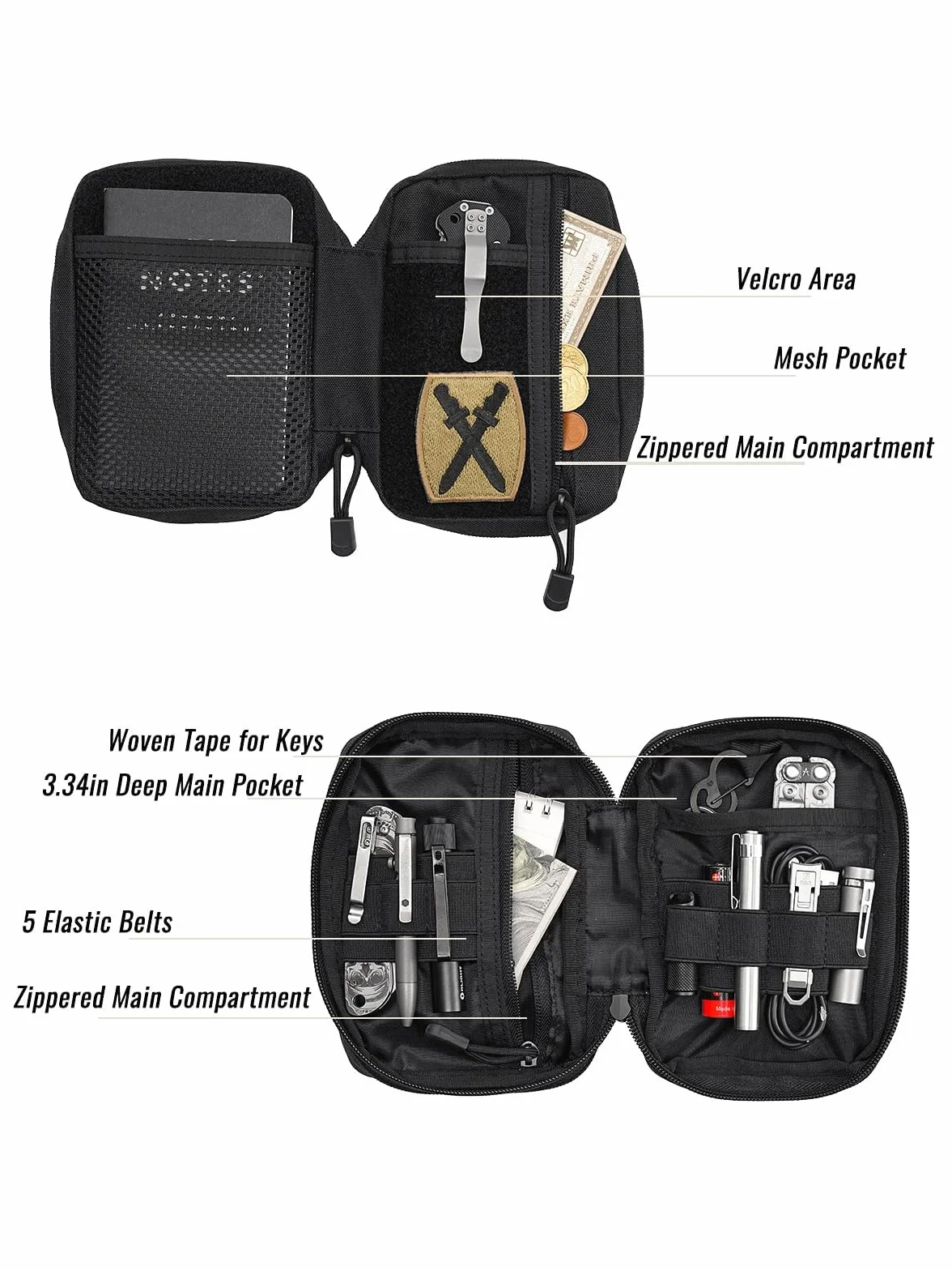 Sayram SP5 EDC Organizer Narzędzi, mała torba na narzędzia z zapięciem na rzepy, EDC Pouch torba taktyczna z 6 kieszeniami na wyposażenie EDC, organizer multitool z zamkiem błyskawicznym – czarny