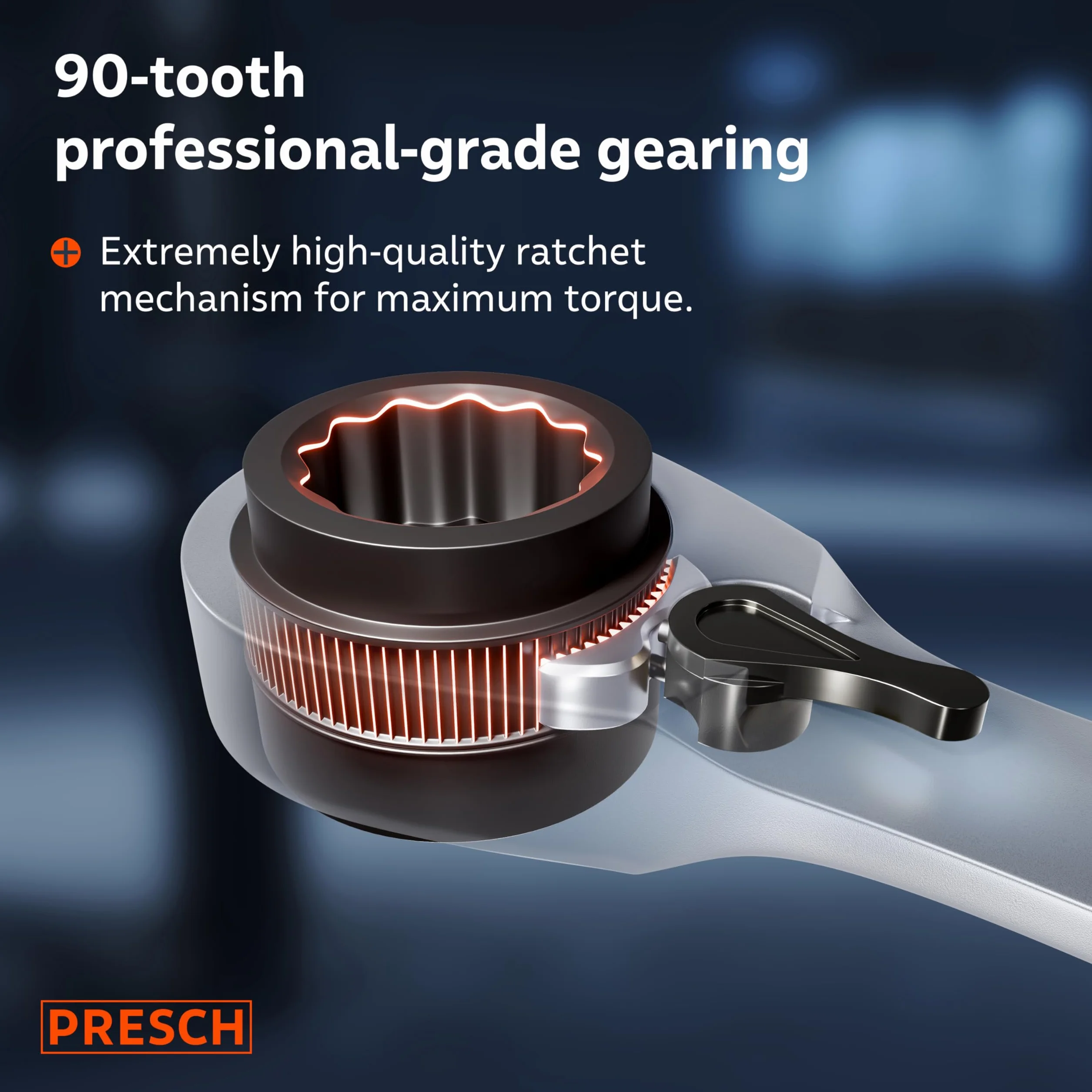 Presch Podwójny klucz grzechotkowy 4 w 1 (9/11 mm i 14/15 mm) – Przełączalna funkcja grzechotki – Precyzyjnie wykonane, 90 zębów i kąt powrotu 4° – 4 rozmiary w jednym kluczu