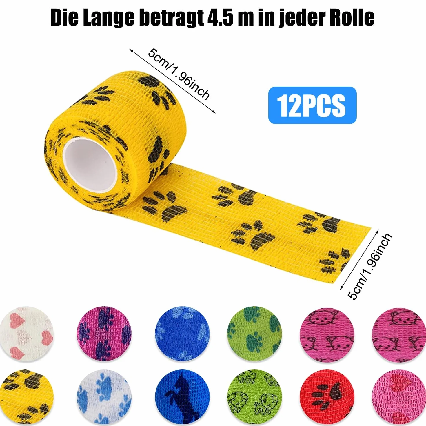 12 sztuk samoprzylepnych opatrunków, 5 cm x 4,5 m, samoprzylepny, kolorowy bandaż samoprzylepny, bandaż samoprzylepny, odpowiedni dla zwierząt domowych, nadgarstków, kostek, palców