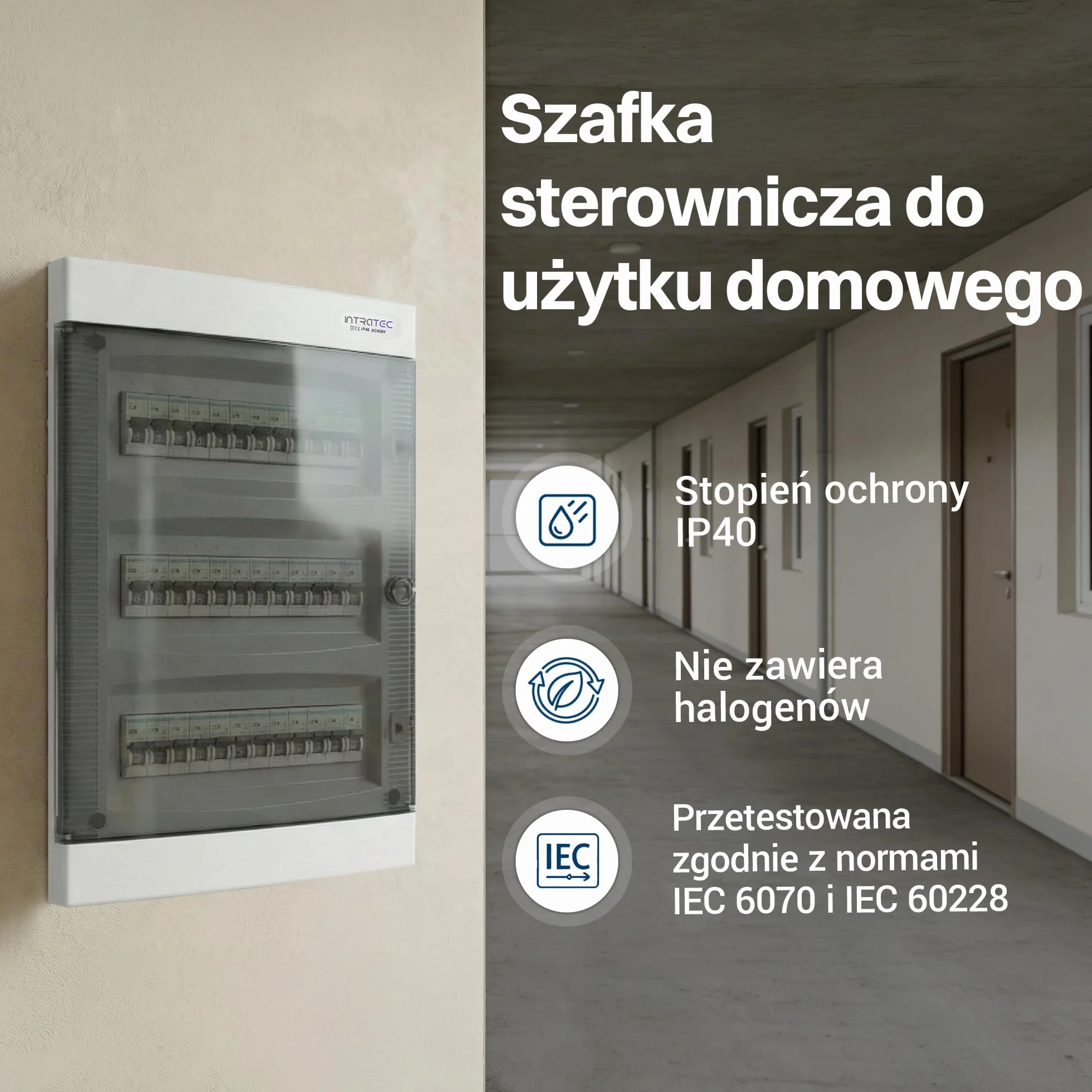 Intratec Skrzynka Rozdzielcza Podtynkowa 3 Rzędowa – Skrzynka Rozdzielcza IP40 na 36 Modułów z Przezroczystymi Drzwiami i Szyną do Łatwej Instalacji Elektrycznej w Domu i Firmie – 482 x 283 x 106mm
