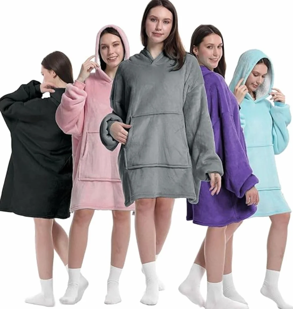 K-MART Koc oversize z kapturem dla mężczyzn i kobiet, gruby koc flanelowy z rękawami i ogromną kieszenią, super miękka, ciepła, przytulna bluza z kapturem dla dorosłych, szary, rozmiar uniwersalny
