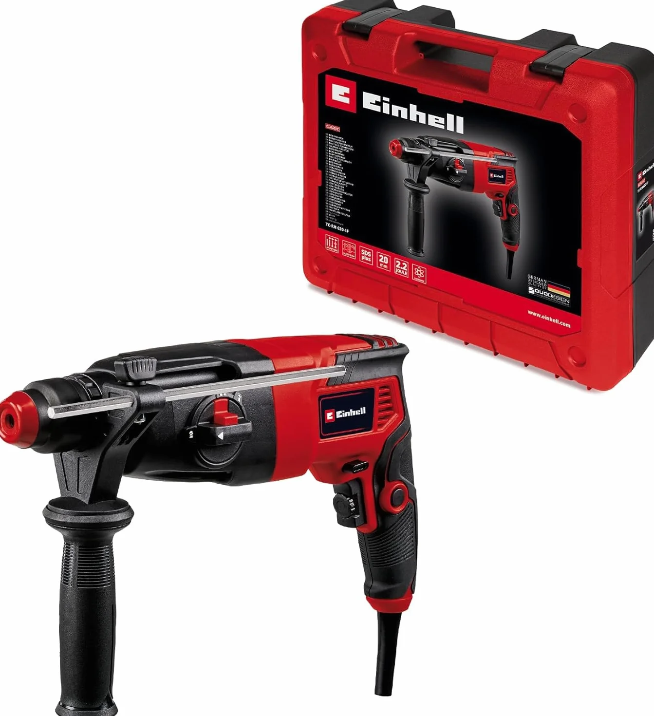 Einhell Młot udarowo-obrotowy TC-RH 620 4F (620 W, pneumatyczny mechanizm udarowy, prędkość udaru 5200 min-1, siła udaru 2,2 J, wiercenie, dłutowanie z mocowaniem i bez, SDS-Plus, w zestawie walizka