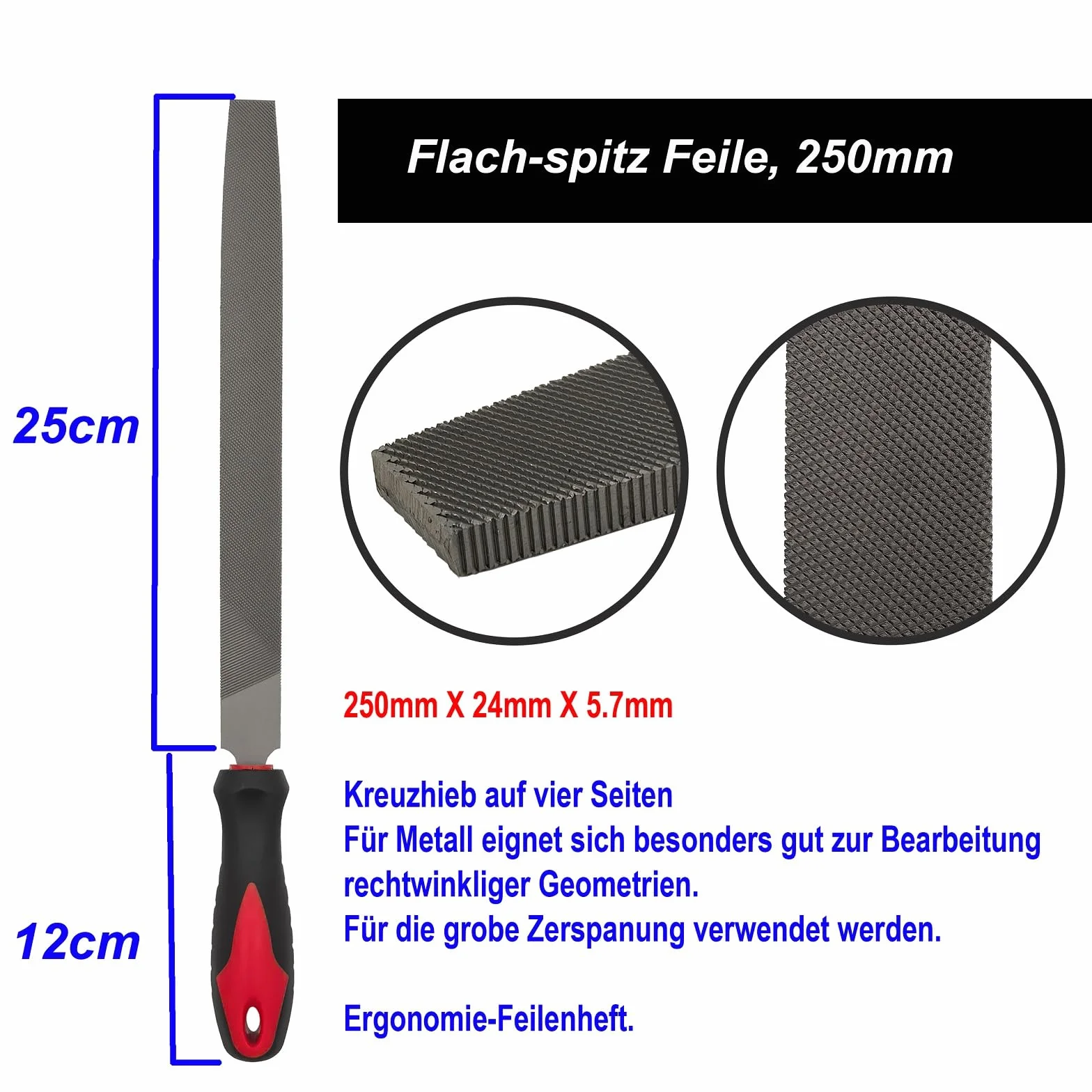 VASTOOLS Pilnik metalowy 3-częściowy 250 mm zestaw pilników płaskich ze stali T12 półokrągły okrągły do metalu