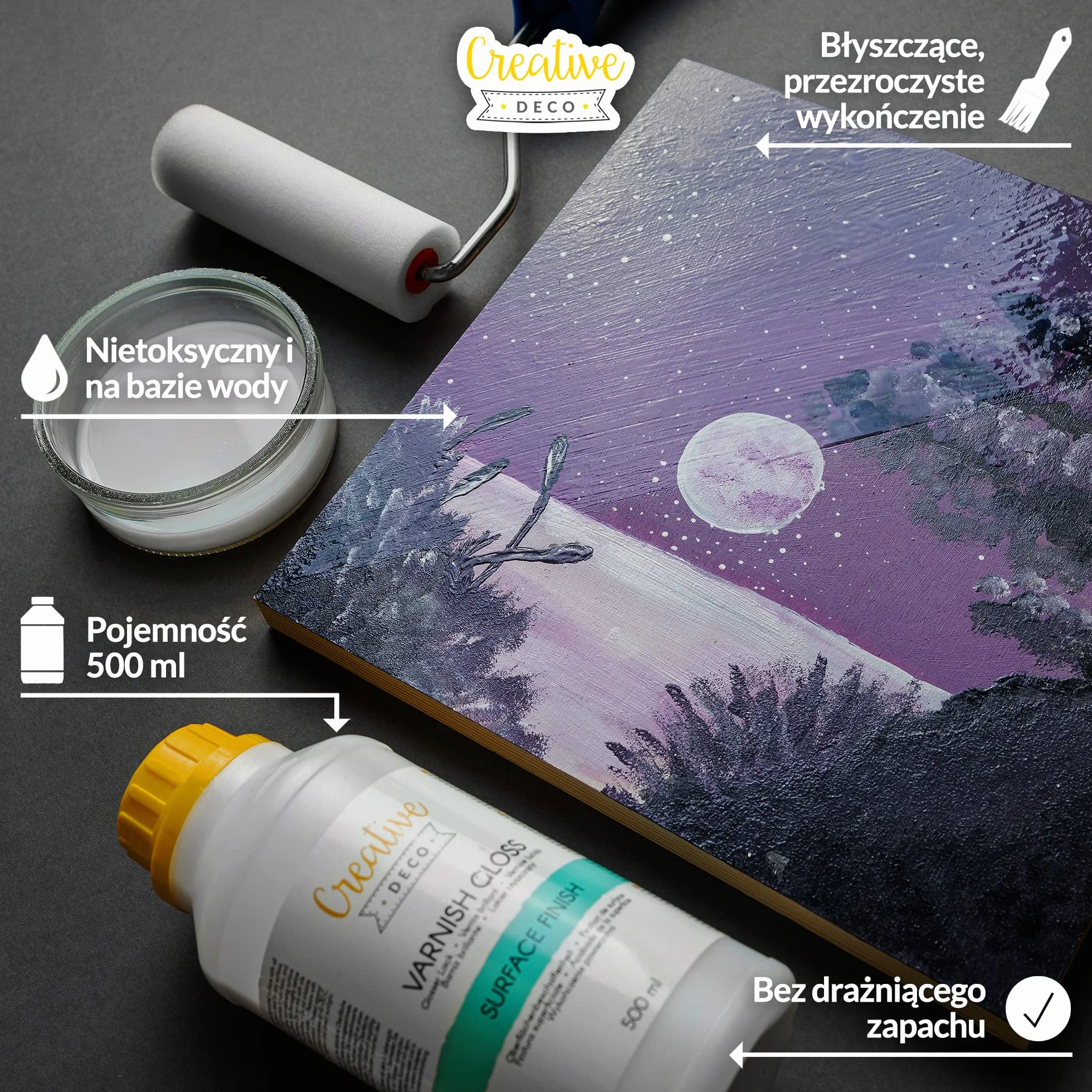 Creative Deco Lakier Akrylowy Błyszczący | 500 ml | Profesjonalne Wykończenie Powierzchni na Bazie Wody | Permanentny Bezbarwny | Zastosowanie Wewnątrz i na Zewnątrz | Idealny do Decoupage, DIY