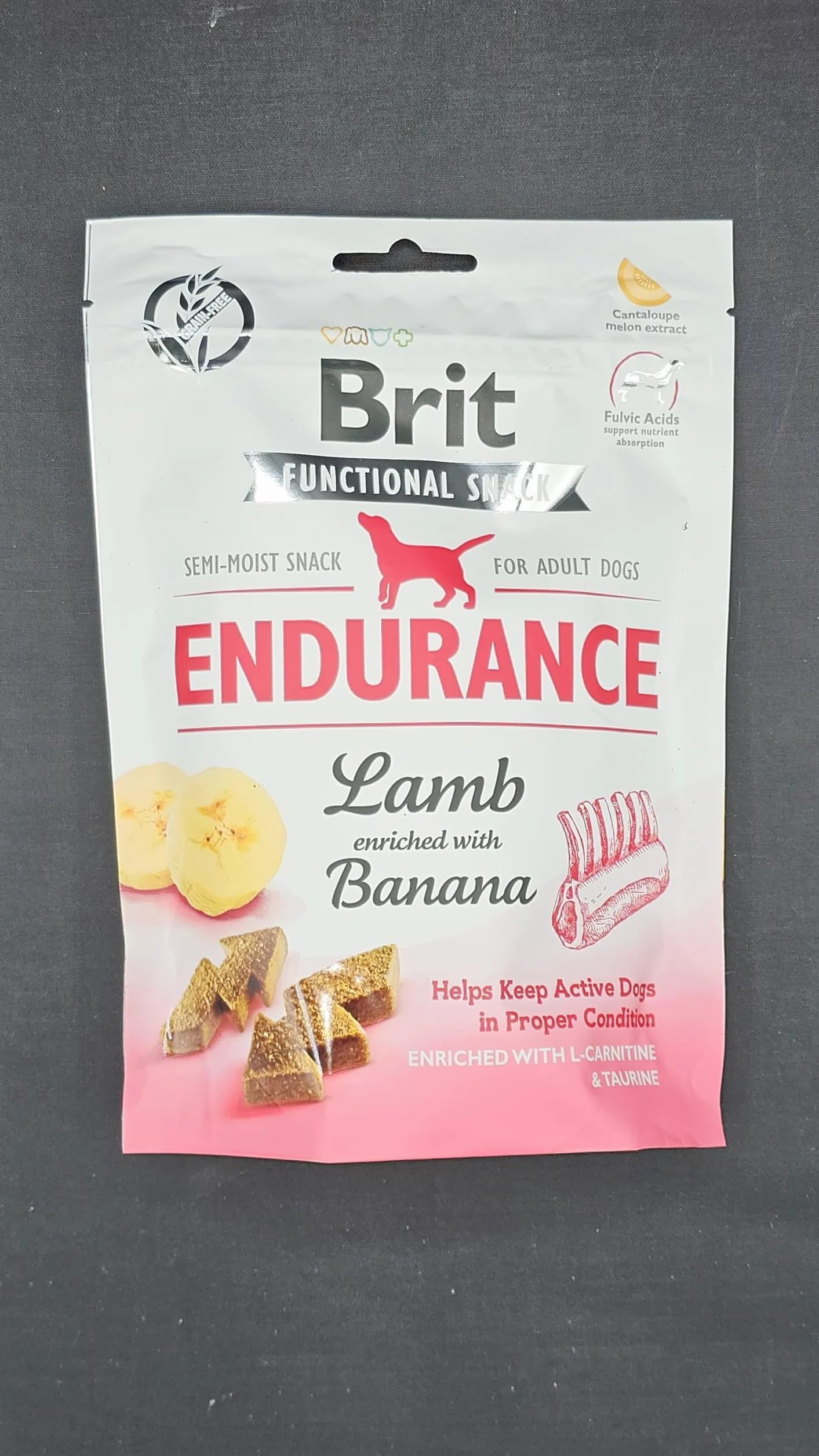 Brit Functional Snack Endurance, półnawilżająca przekąska dla psów z jagnięciną i bananem, L-karnityną i tauryną, 150 g